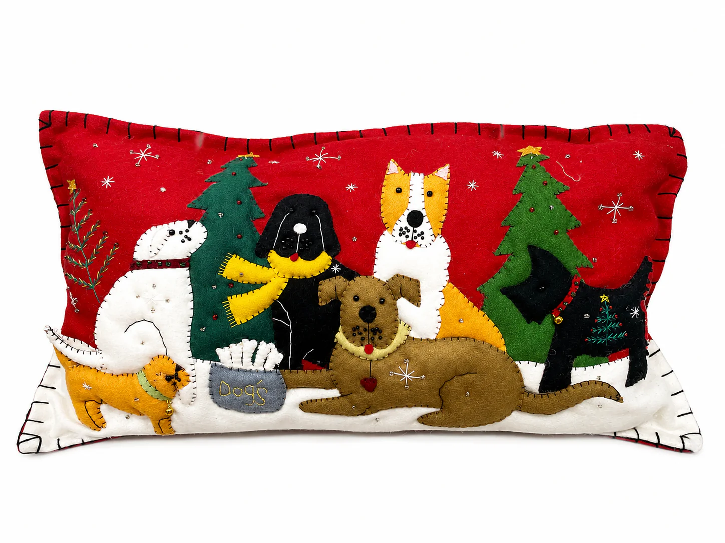 Red pillow adorned with holiday dogs 11x19
