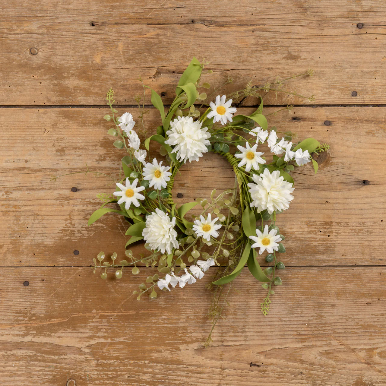 12" WHITE POM POM WILDFLOWER CANDLE RING