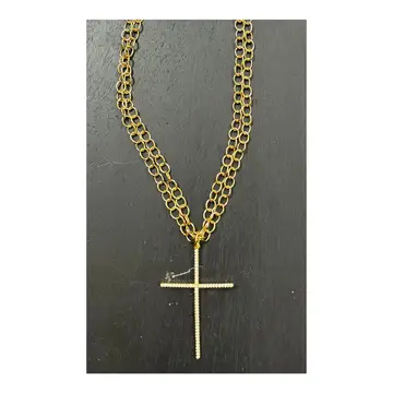 17" Double Strand Gold Plated Chain Necklace with Pave' Cross