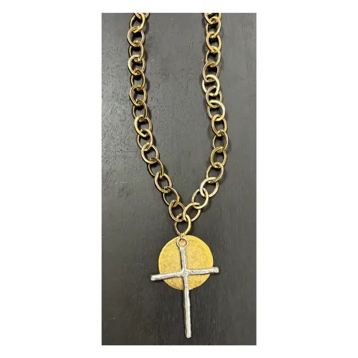 17" Gold Plated Chain Necklace with Silver Pewter Cross and Gold Pewter Disc
