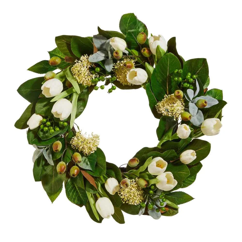 25" Tulip and Mixed Greenery Wreath
