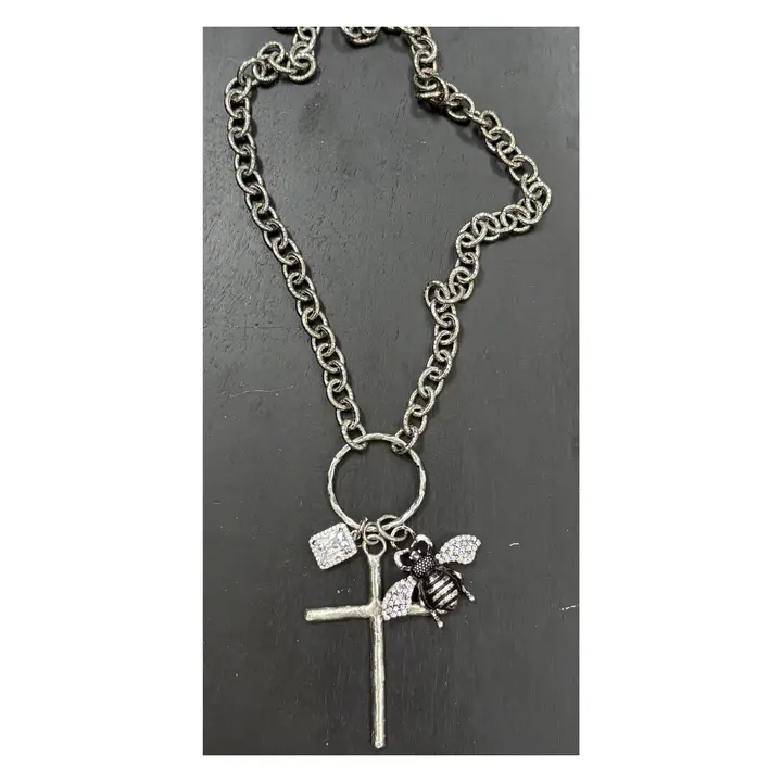 32" Antique Silver Chain Necklace with Silver Pewter, Crystal and Pave' Pendants