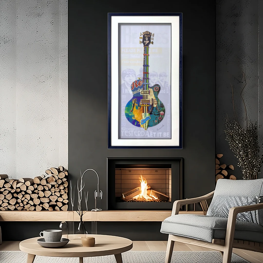 3D Collage Art | Beetles Guitar Blue (40"x20") - Image 2
