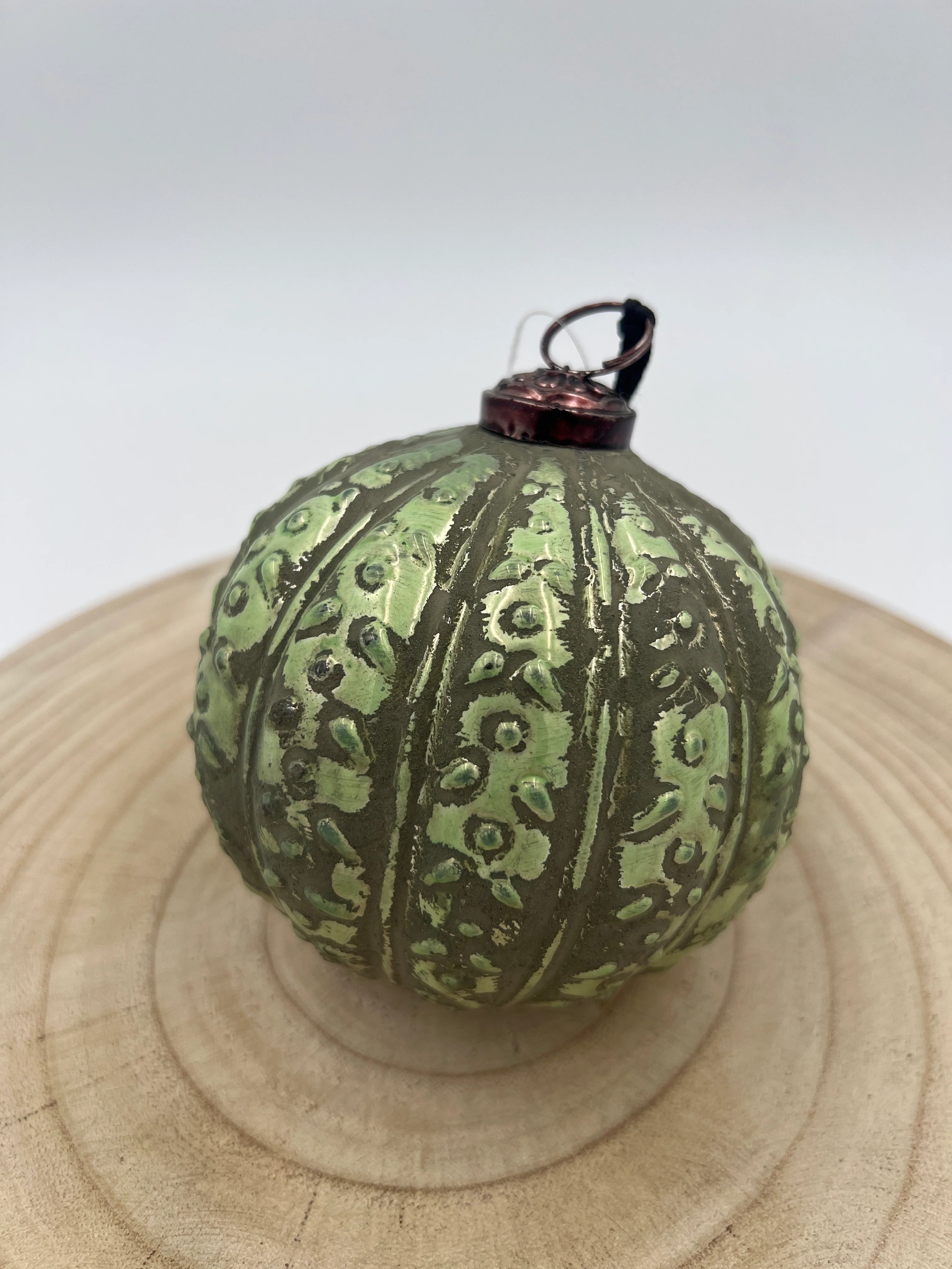 4" Distressed Green Glass Embossed Ball Ornament