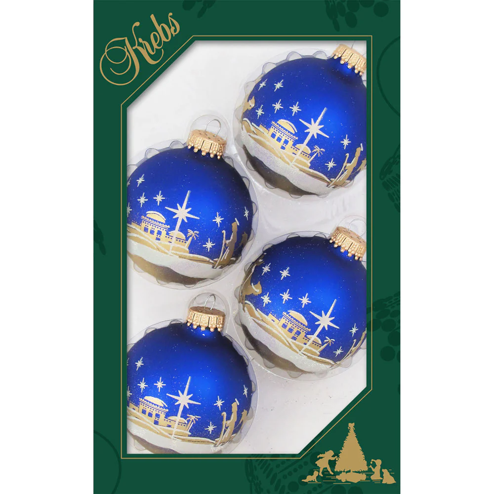 4 Piece Royal Blue Glass Ball With Gold Ink/Glitter Bethlehem Scene
