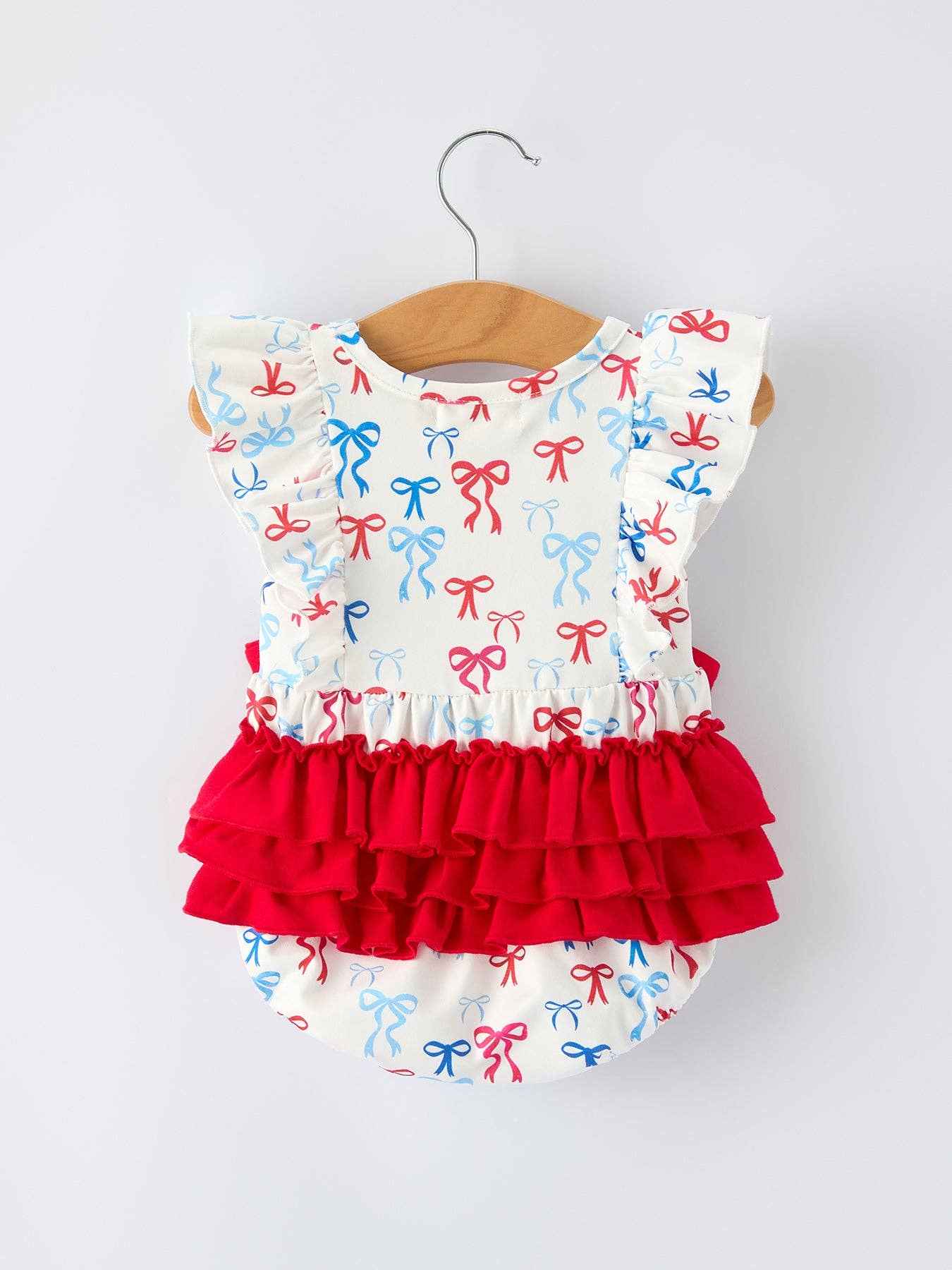 4th of July Bow Print Baby Girl Romper With Ruffle - Image 2