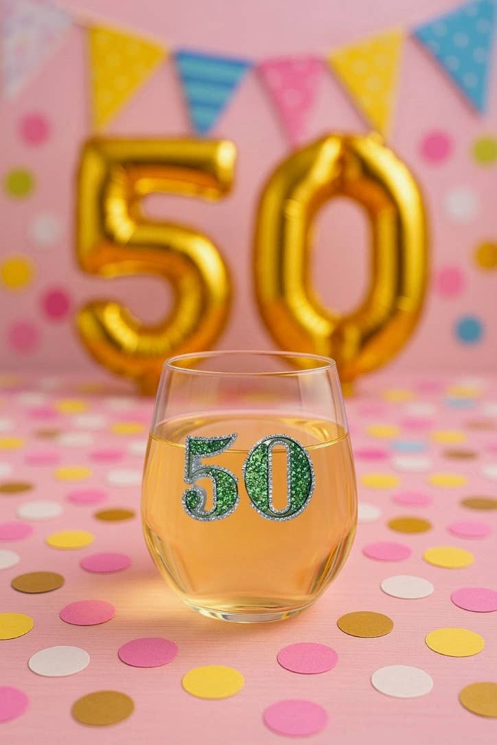 50th Birthday Jeweled Stemless Wine Glass - Image 4