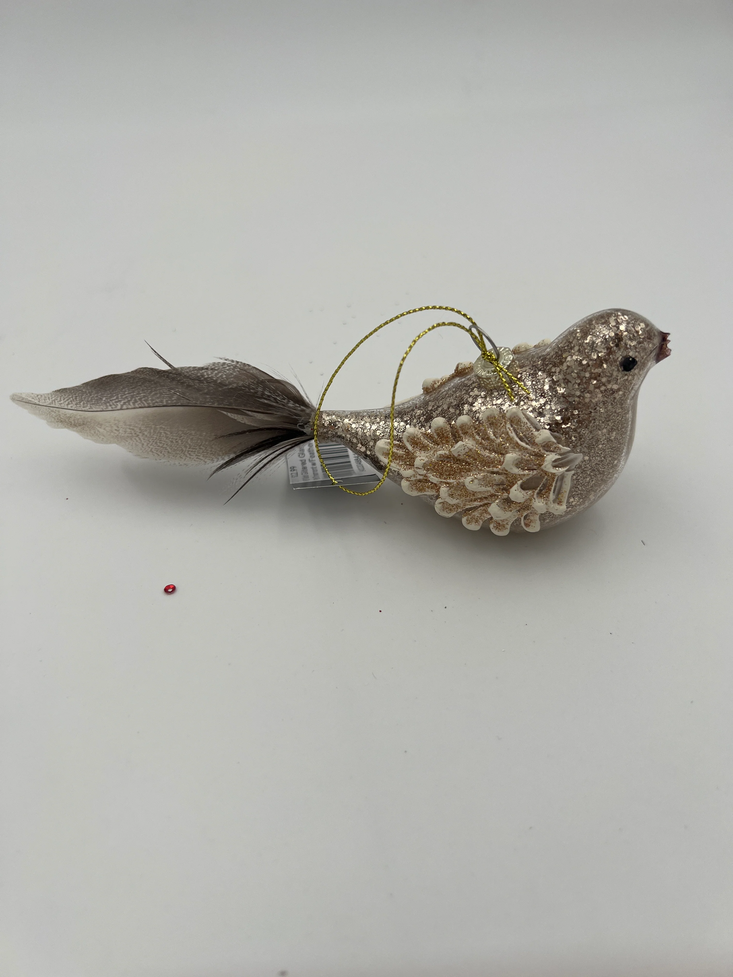 8.5" Gold Glittered Glass Bird Ornament w/Feather - Image 2