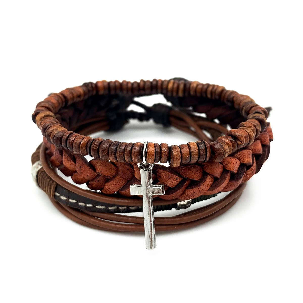 Brown Beads Mixed Leather Cross Men's Bracelet Set