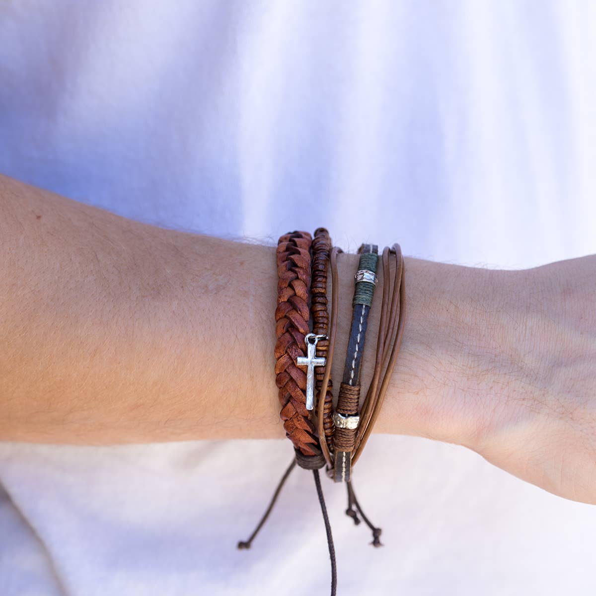 Brown Beads Mixed Leather Cross Men's Bracelet Set - Image 2