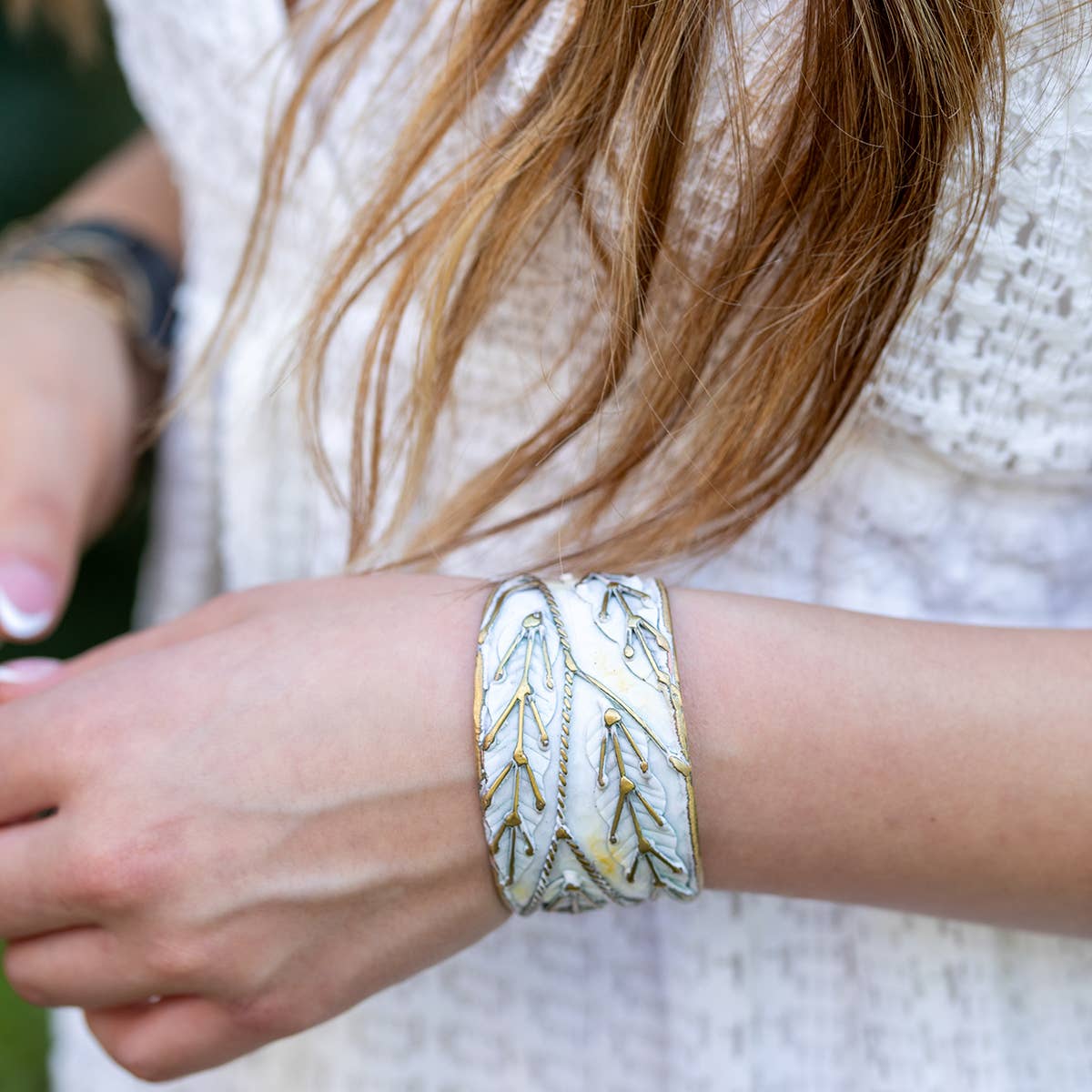 Brass Patina Cuff Bracelet - White Leaves - Image 5
