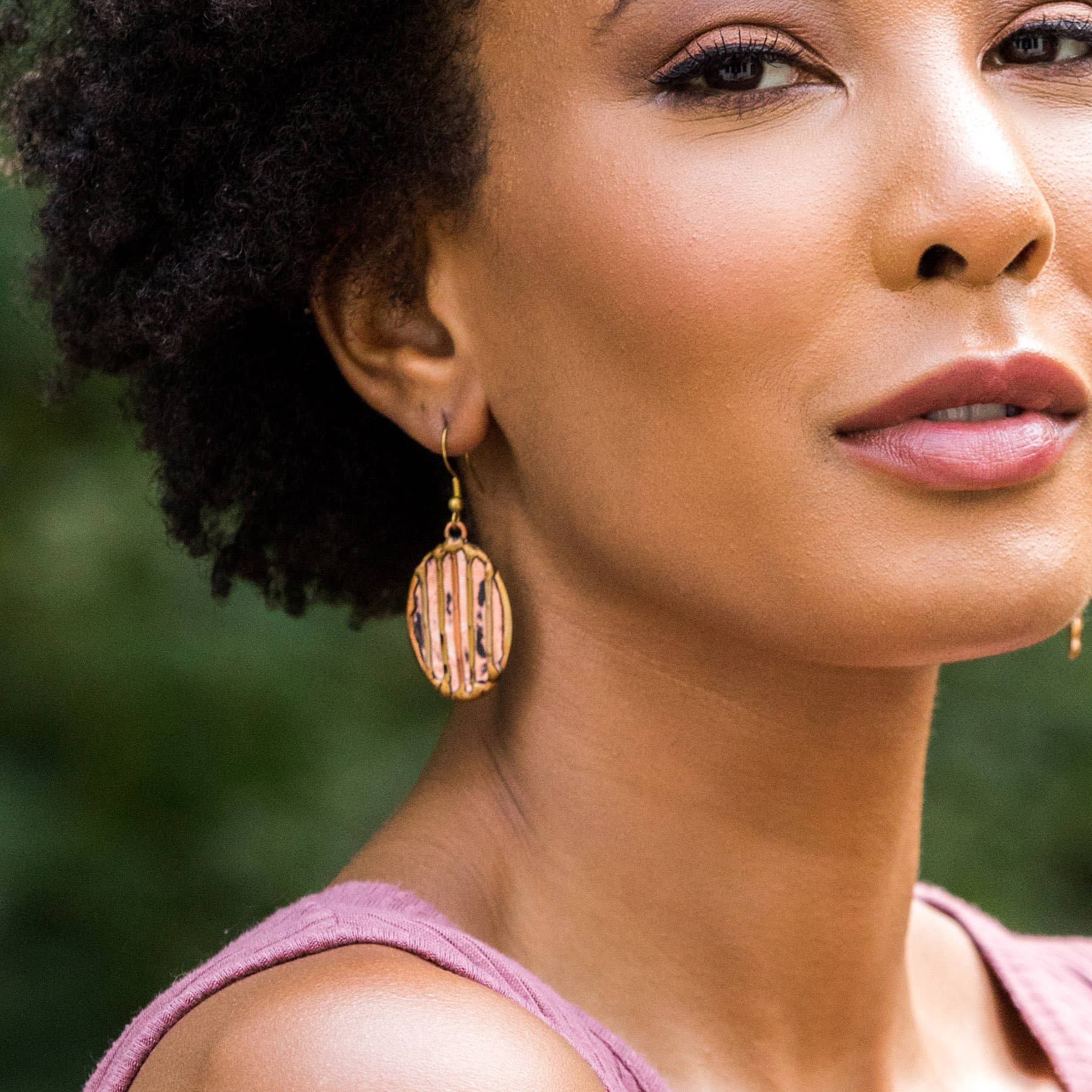 Brass Patina Earrings - Pink Horizontal Lines - Image 2