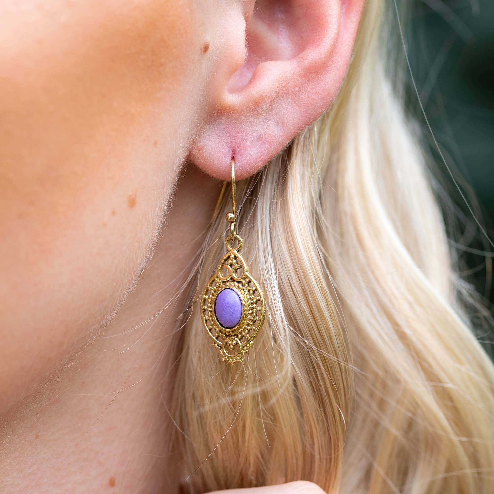 Tanvi Gold-Plated and Charoite Earrings - Ornate Oval - Image 2