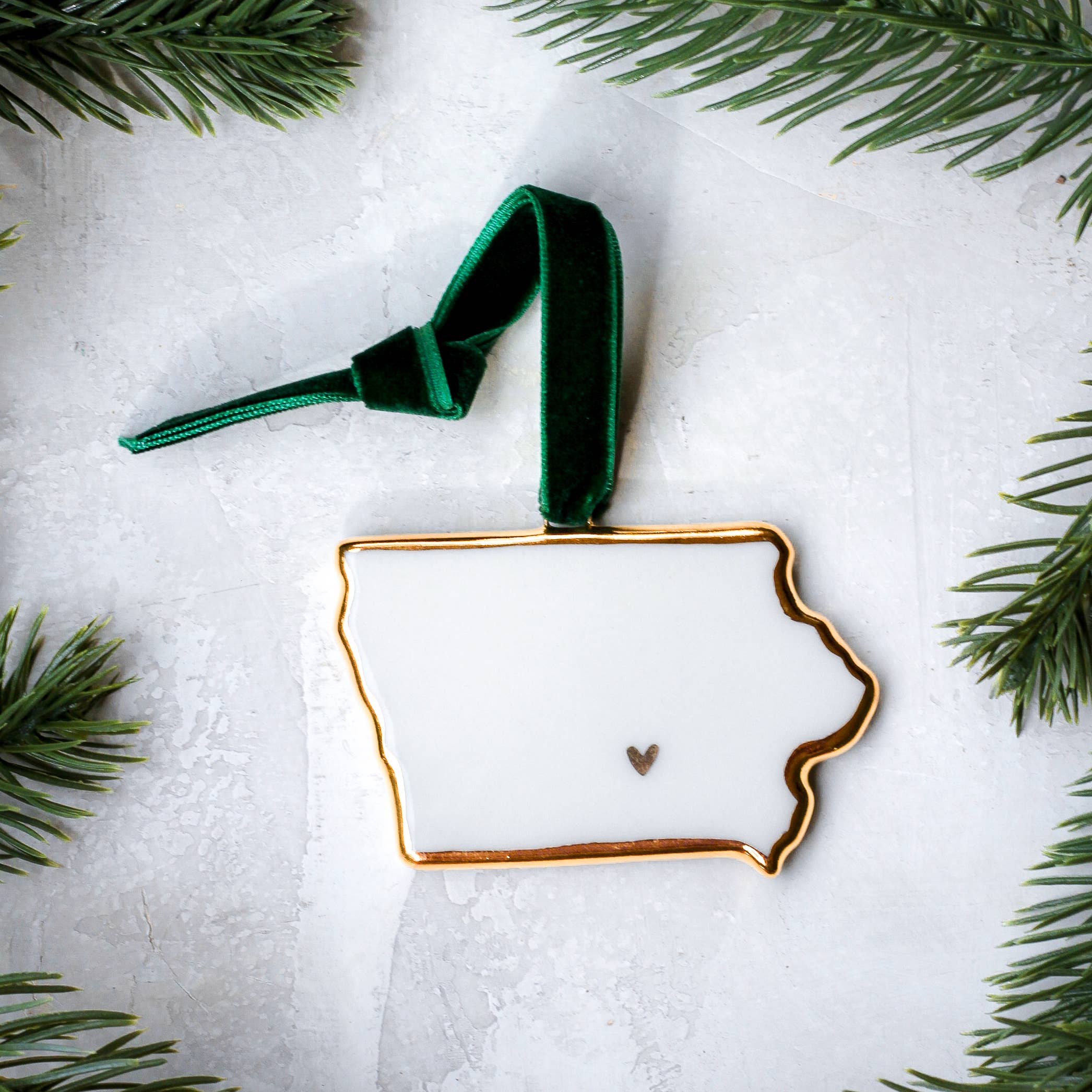 Iowa Handmade Porcelain State Ornaments w/ Gold Heart