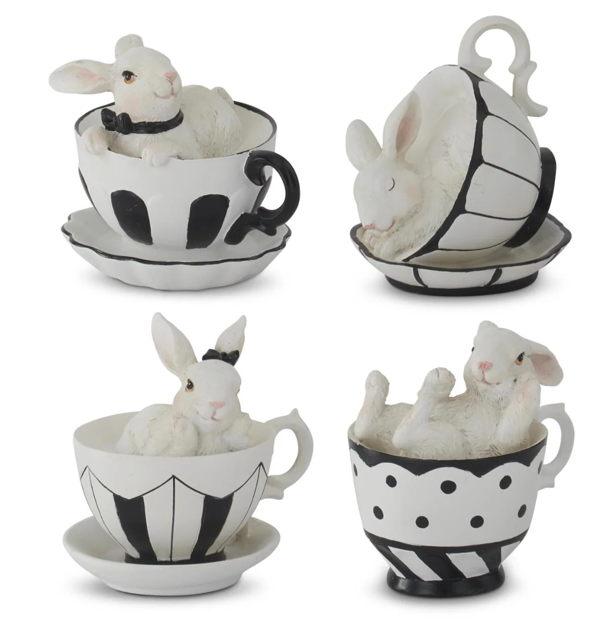 Assorted 3.5 Inch White Resin Bunnies in Black & White Teacups (4 Styles)