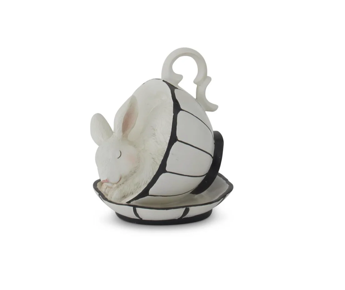 Assorted 3.5 Inch White Resin Bunnies in Black & White Teacups (4 Styles) - Image 2