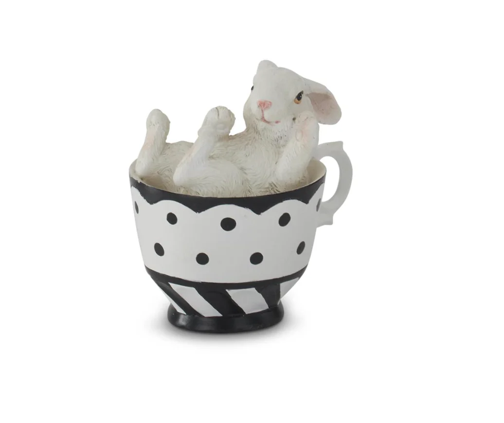 Assorted 3.5 Inch White Resin Bunnies in Black & White Teacups (4 Styles) - Image 3