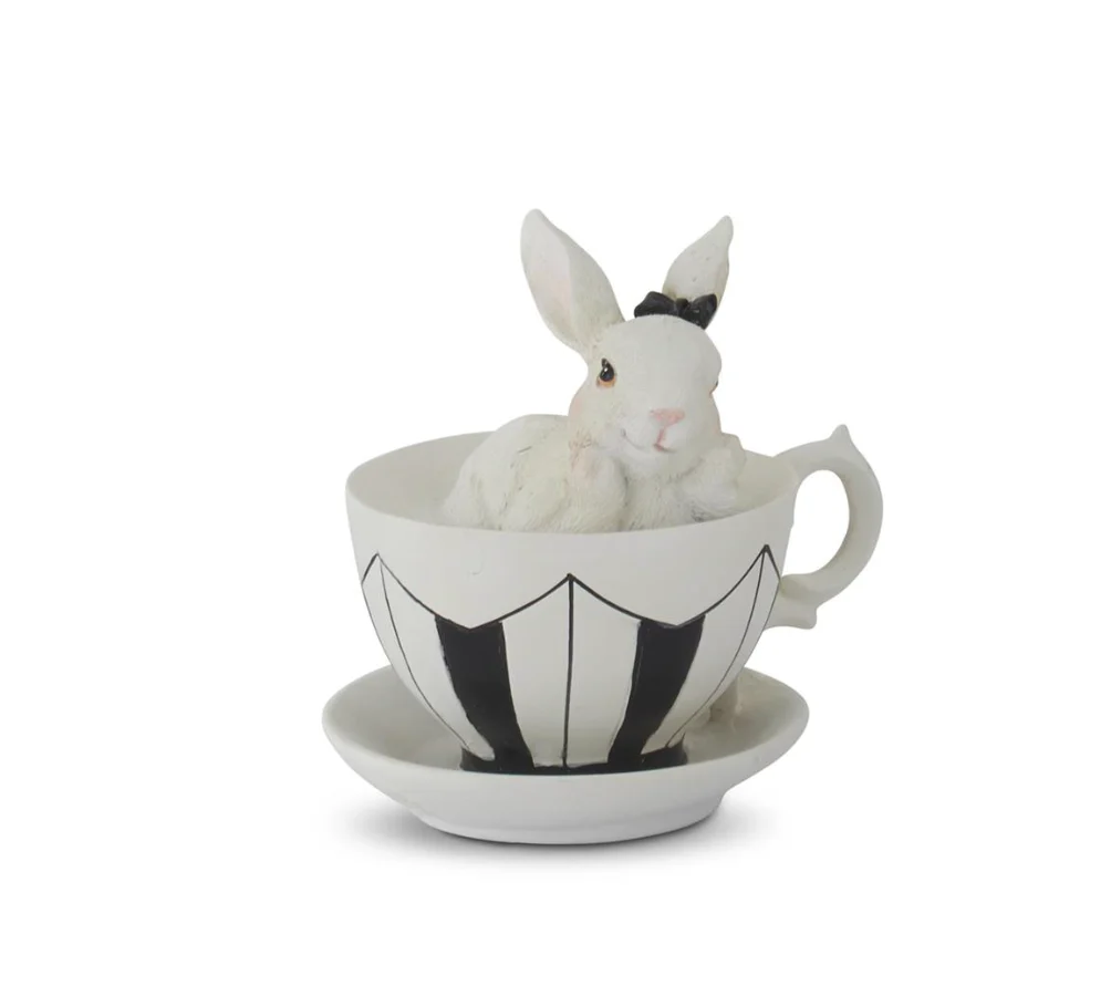 Assorted 3.5 Inch White Resin Bunnies in Black & White Teacups (4 Styles) - Image 4