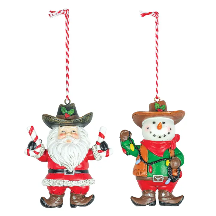 Assorted Cowboy Santa or Cowboy Snowman Resin Ornament-3.74" H