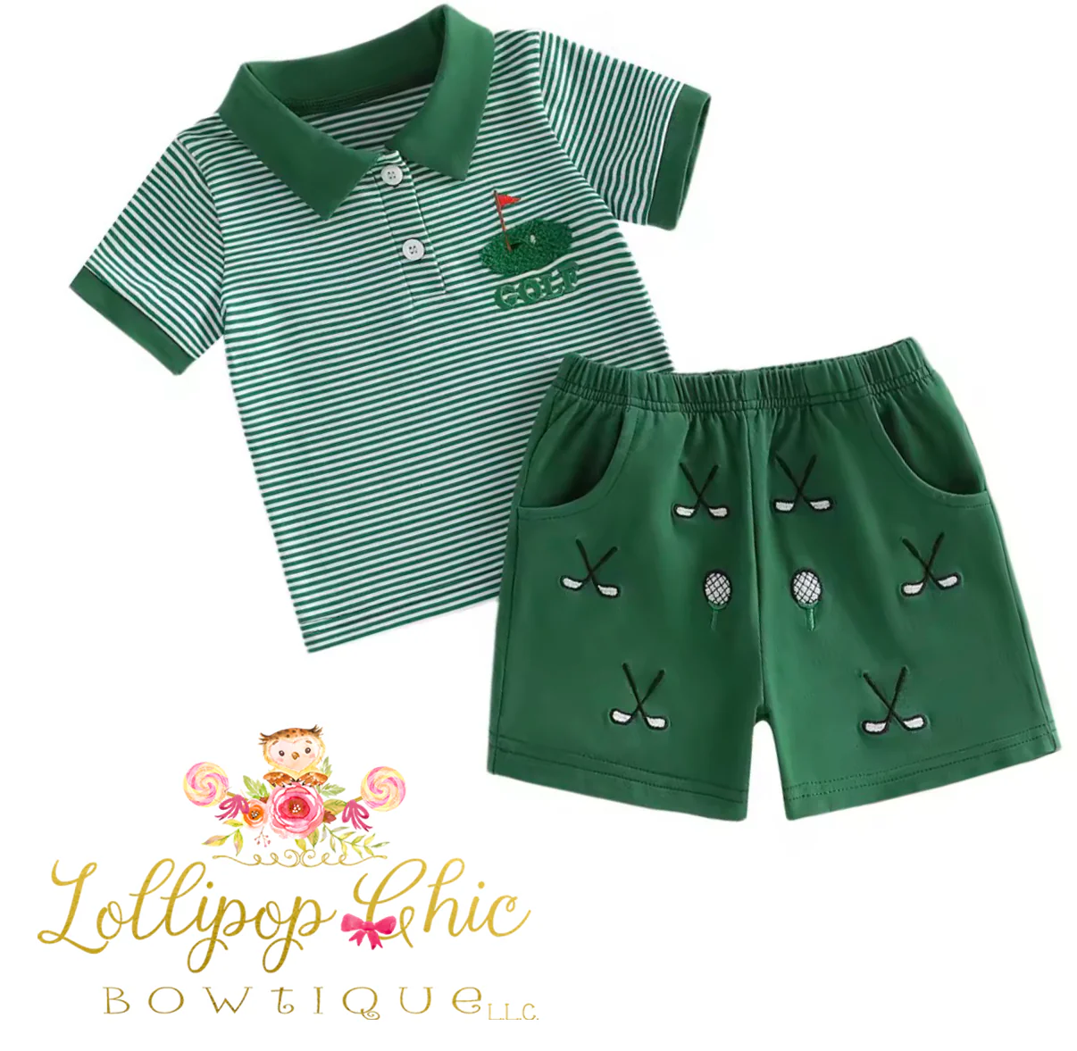 Baby and Toddler Boy Embroidered Dark Green Golf Shorts Set : 12-18M