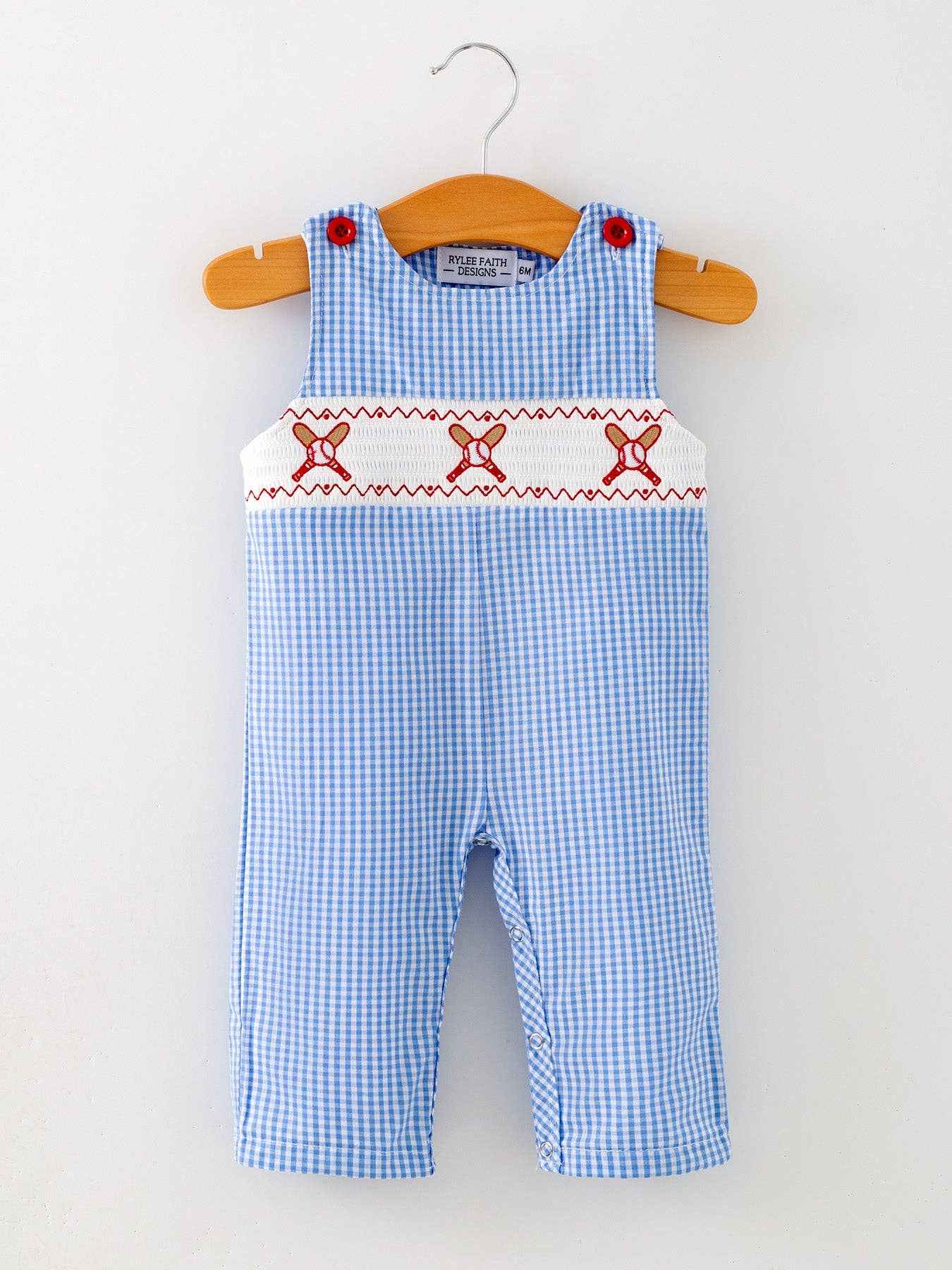 Baseball Smocked Romper – Blue Plaid Summer Outfit