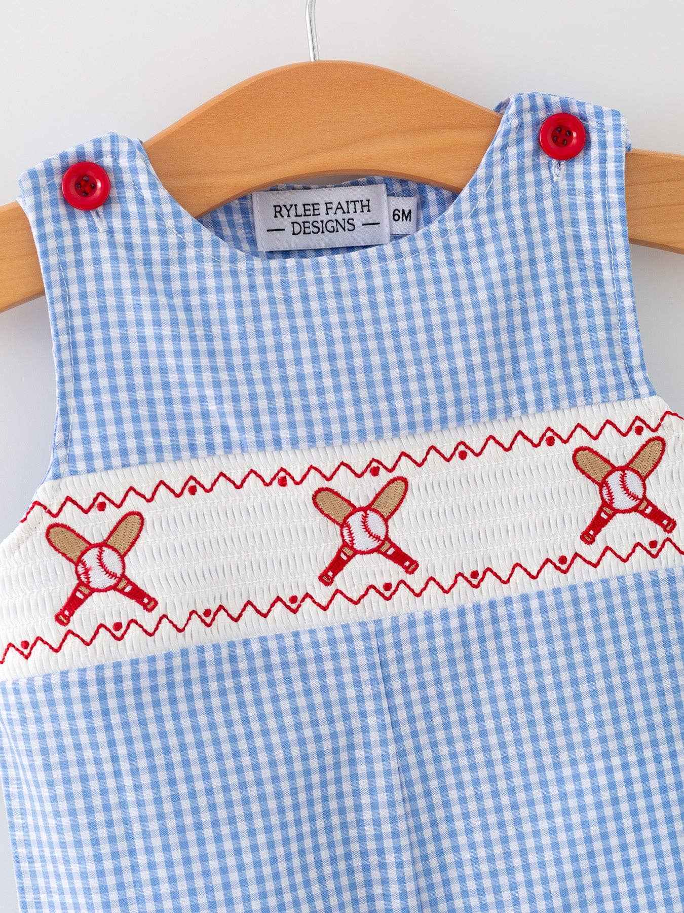 Baseball Smocked Romper – Blue Plaid Summer Outfit - Image 2
