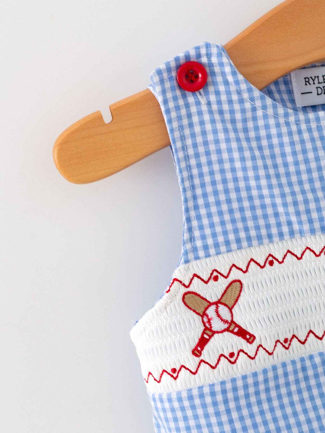 Baseball Smocked Romper – Blue Plaid Summer Outfit - Image 4