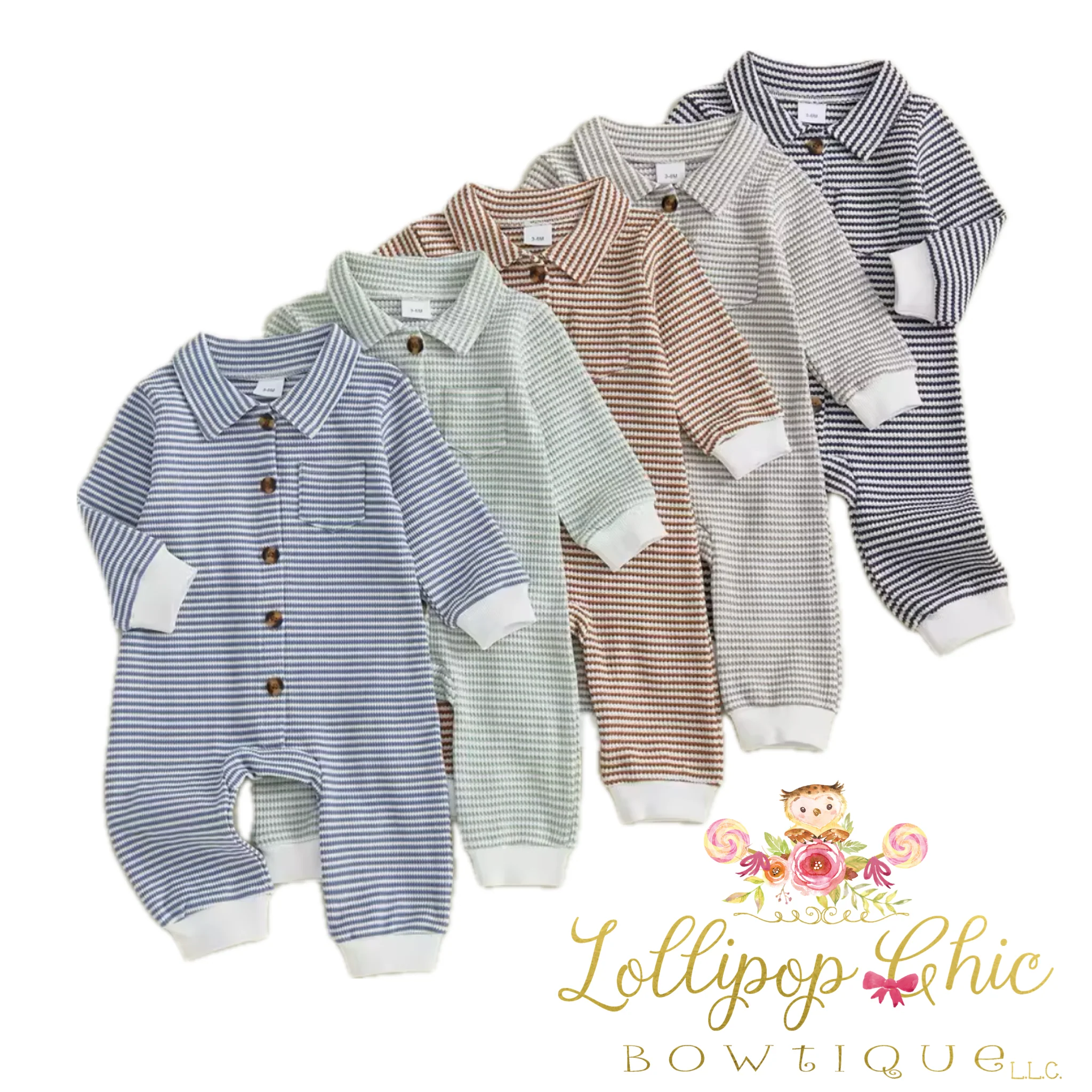 Baby Boy Striped Collared Long Sleeve Romper: 6-12M-BLUE