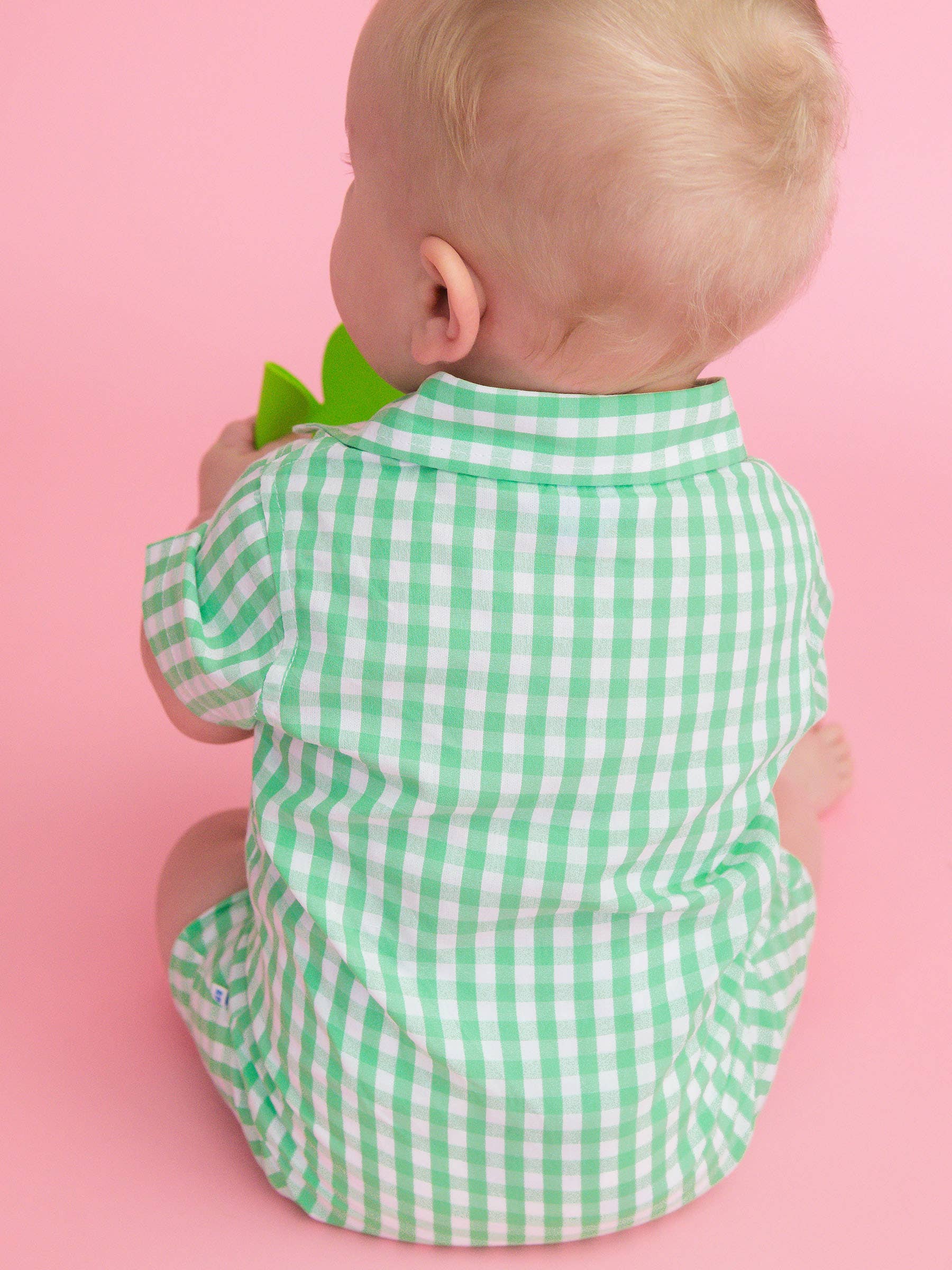 Baby Boys Classic Spring Green Gingham Short Button-Up Romper - Image 6