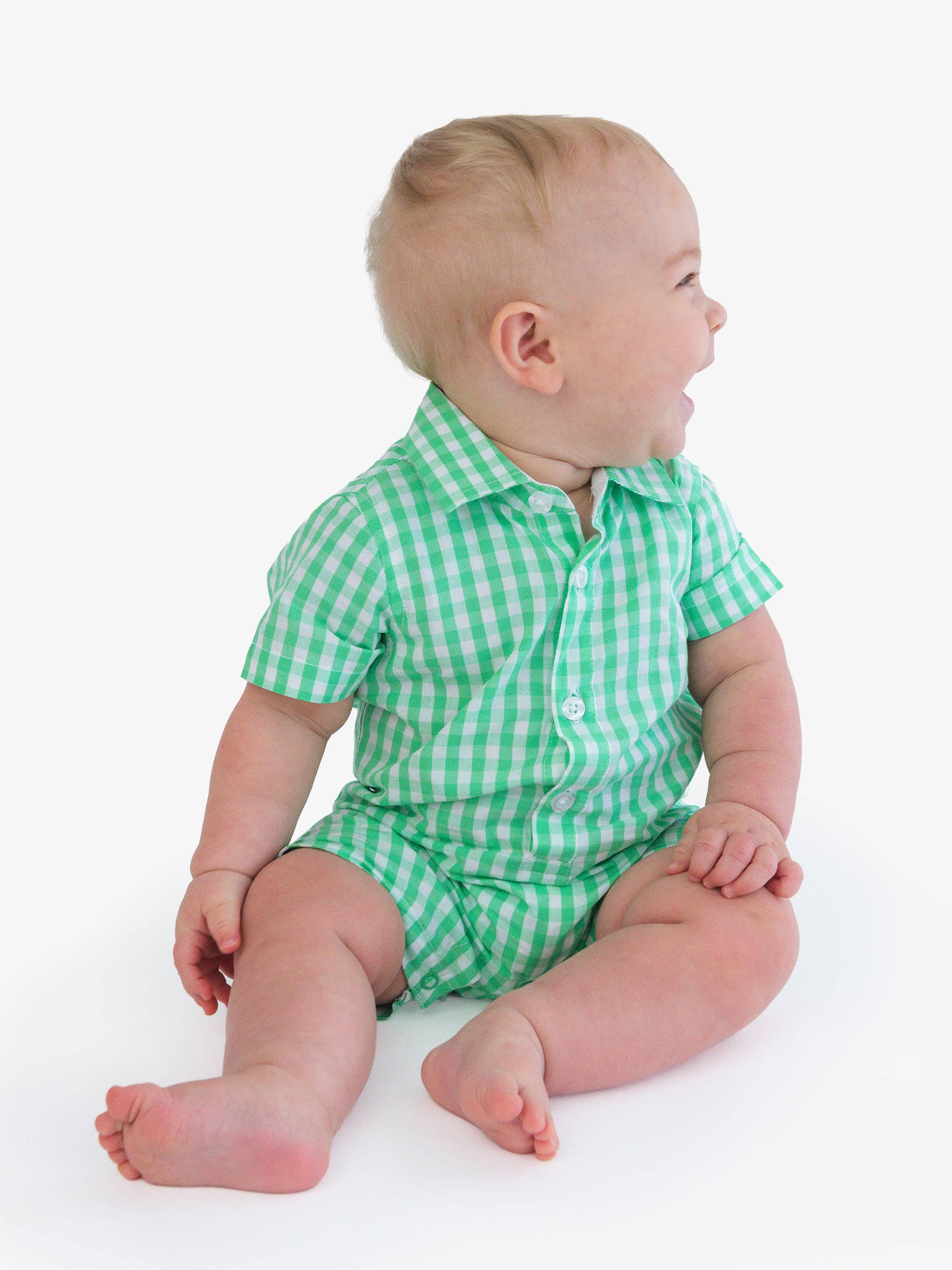 Baby Boys Classic Spring Green Gingham Short Button-Up Romper - Image 8