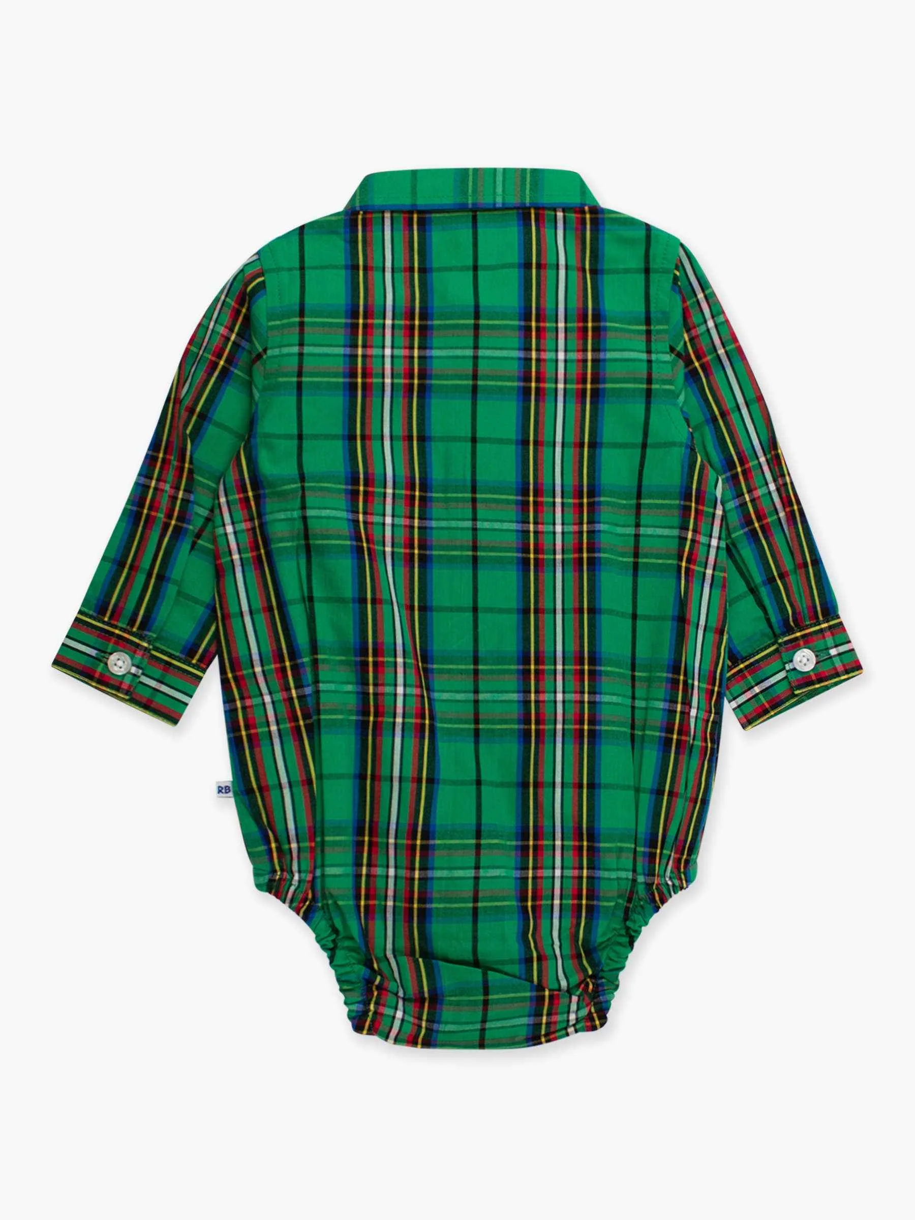 Baby Boys Green Nicholas Plaid Long Sleeve Button Down Bodysuit - Image 2