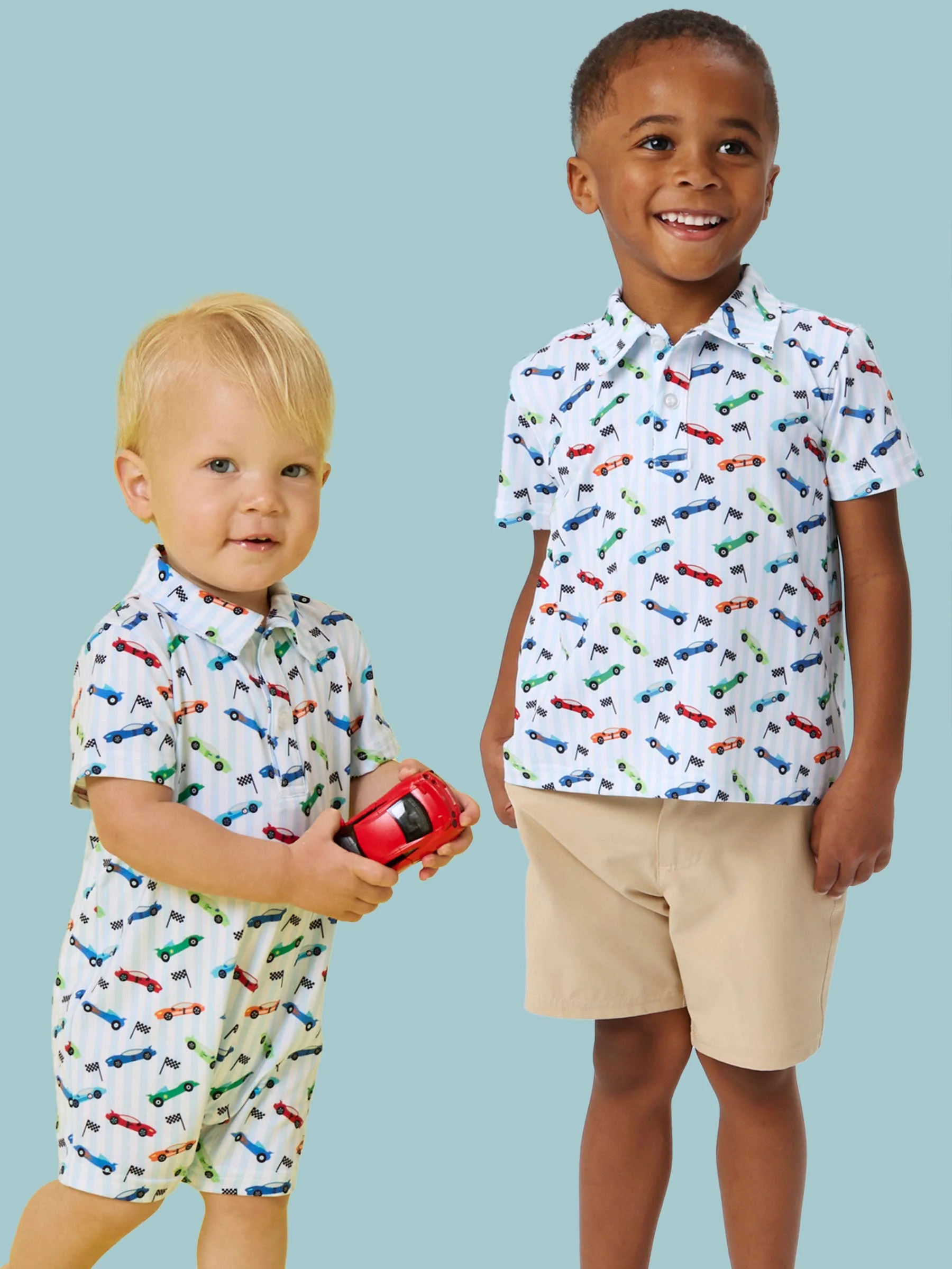 Baby Boys Let's Roll Racecar Performance Polo Romper: Blue - Image 5