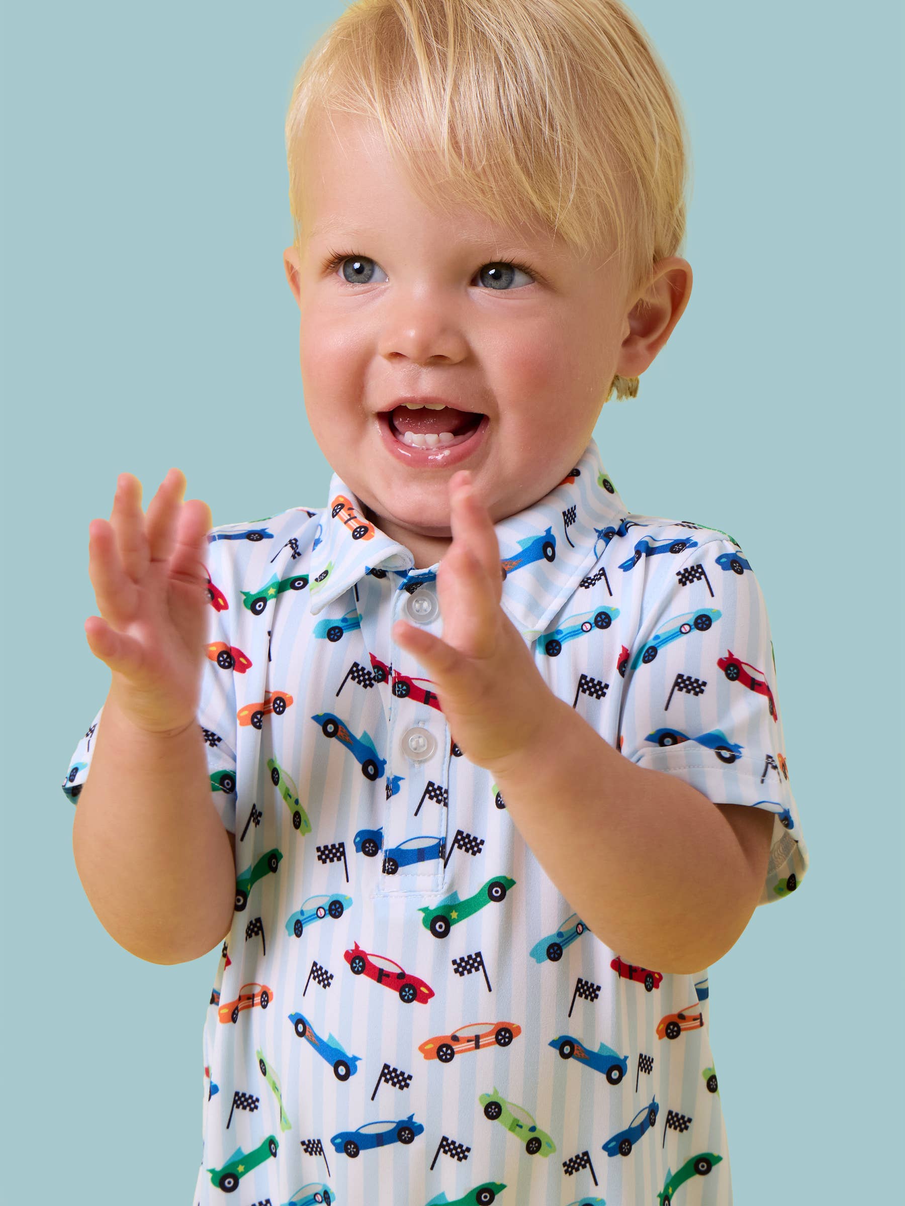 Baby Boys Let's Roll Racecar Performance Polo Romper: Blue - Image 8