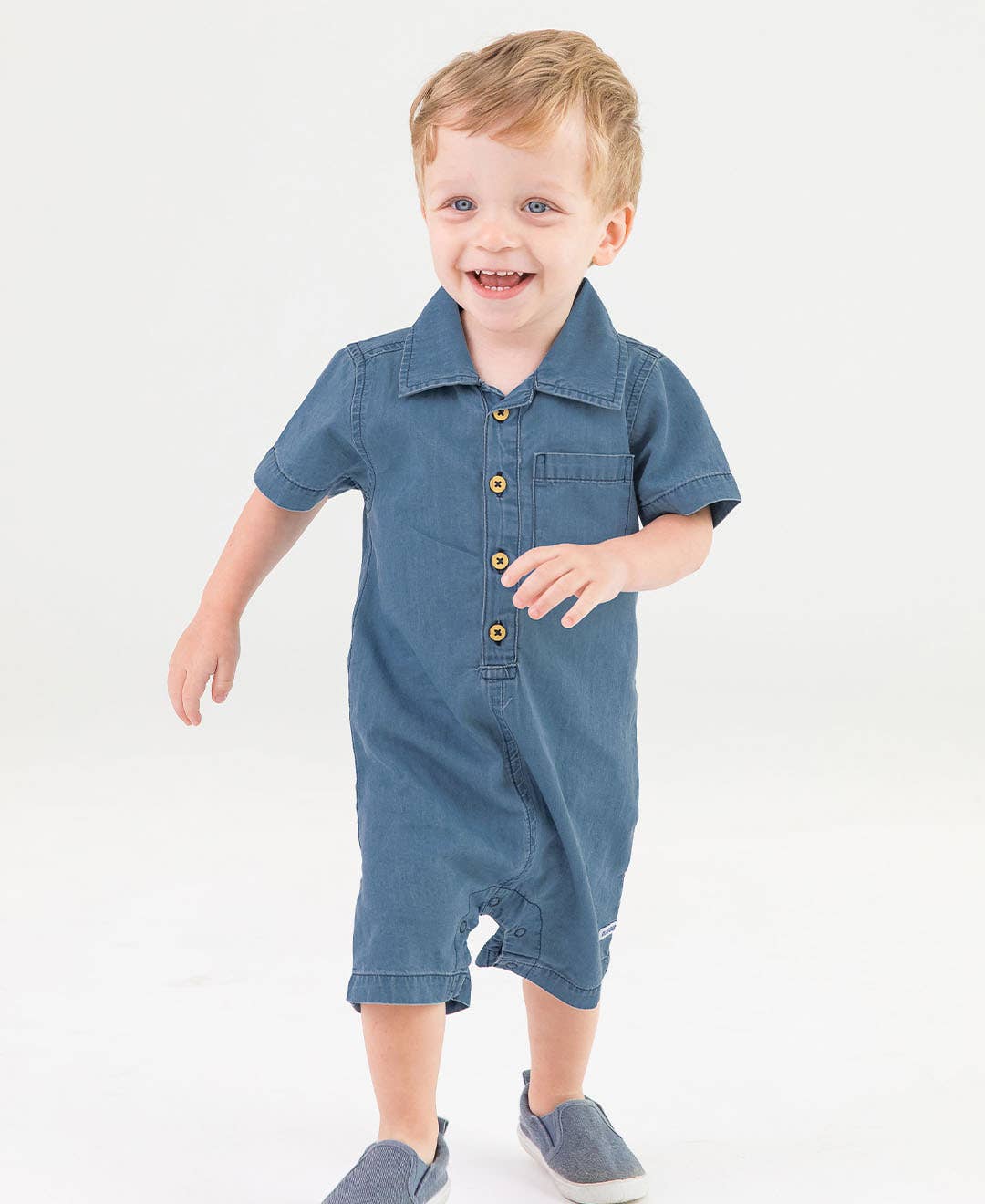 Baby Boys Light Wash Denim Button-Up Romper - Image 6