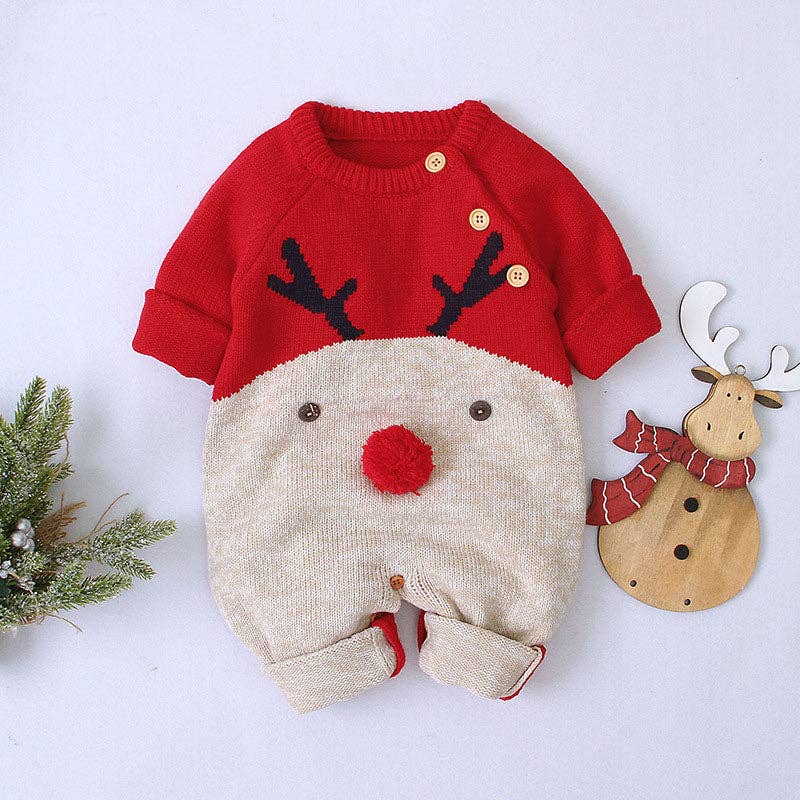 Baby Cartton Pattern Contrast Design Side Button Christmas Knitted Romper (6-9M) - Image 2