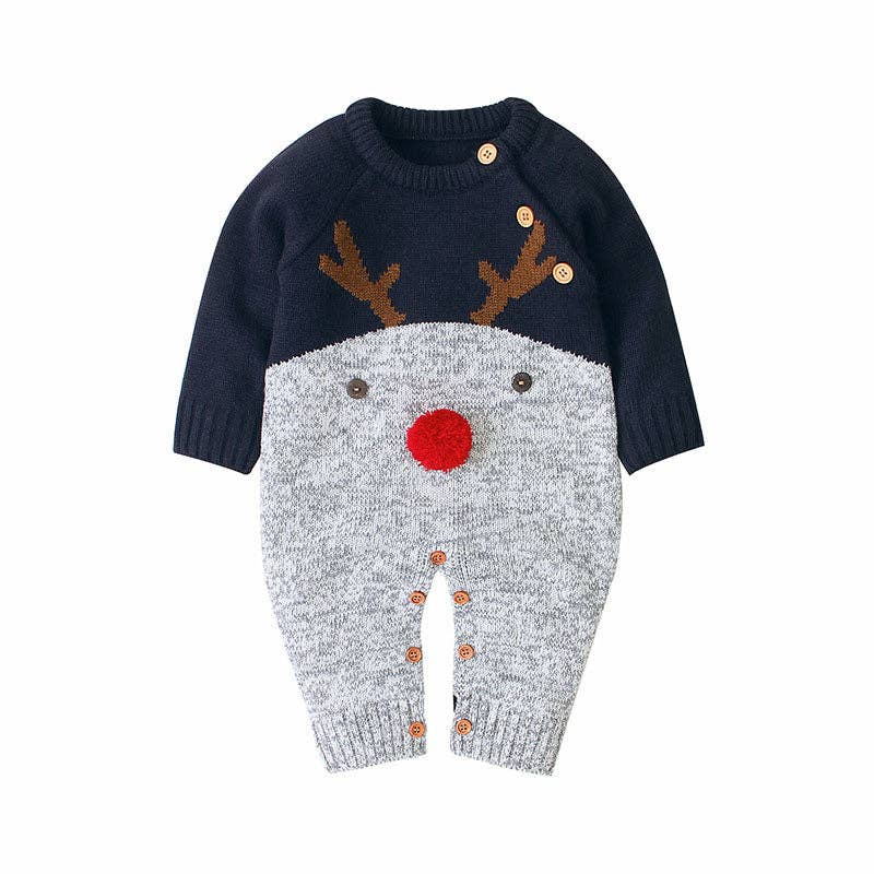 Baby Cartton Pattern Contrast Design Side Button Christmas Knitted Romper (9-12M)