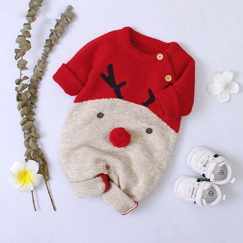 Baby Cartton Pattern Contrast Design Side Button Christmas Knitted Romper (9-12M) - Image 3
