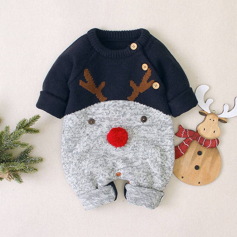 Baby Cartton Pattern Contrast Design Side Button Christmas Knitted Romper (9-12M) - Image 6