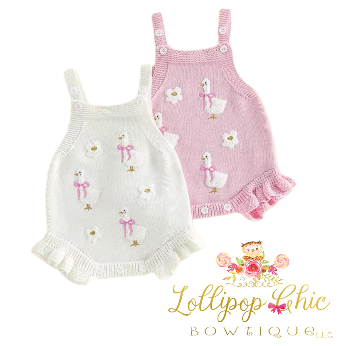 Baby Girl Knit Duck Floral Romper : 0-3M - WHITE
