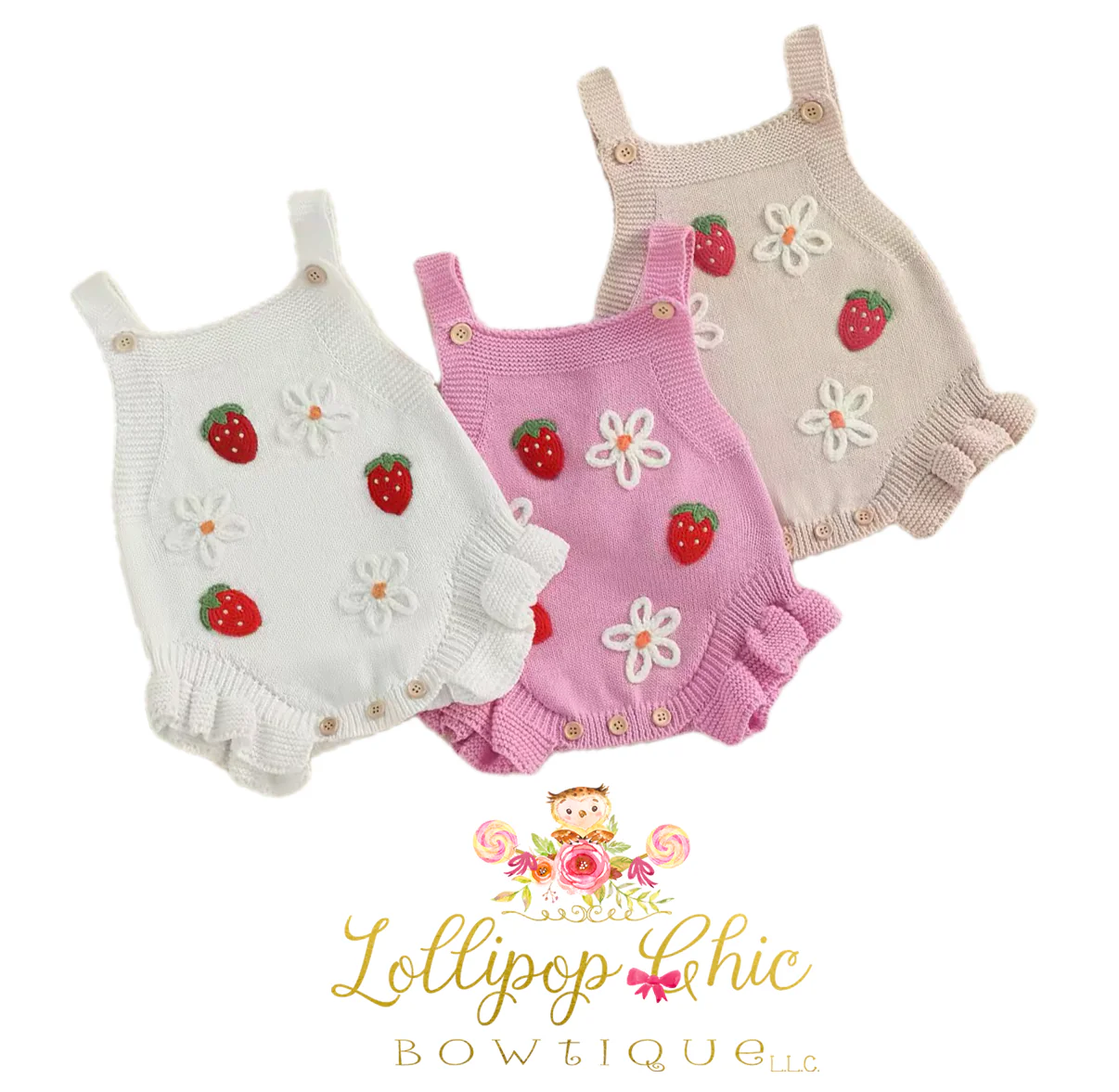 Baby Girl Knit Strawberry and Floral Romper: White - 3-6M