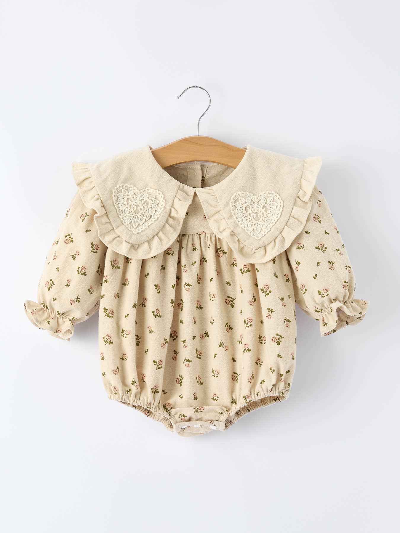 Baby Girl Long Sleeve Apricot Floral Romper with Heart Collar: 6M