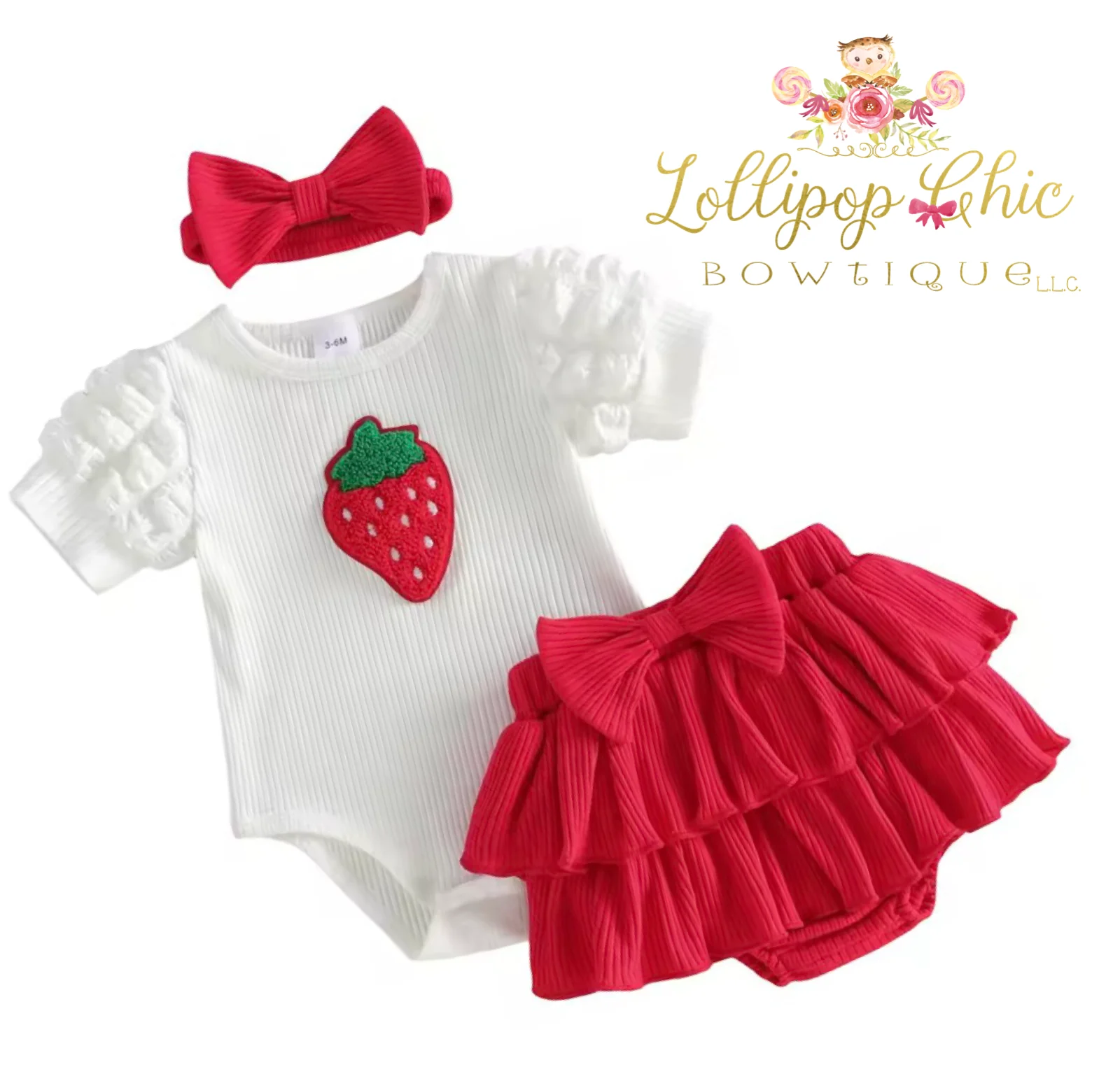 Baby Girl Strawberry Puff Sleeve Bloomer Set: 12-18M