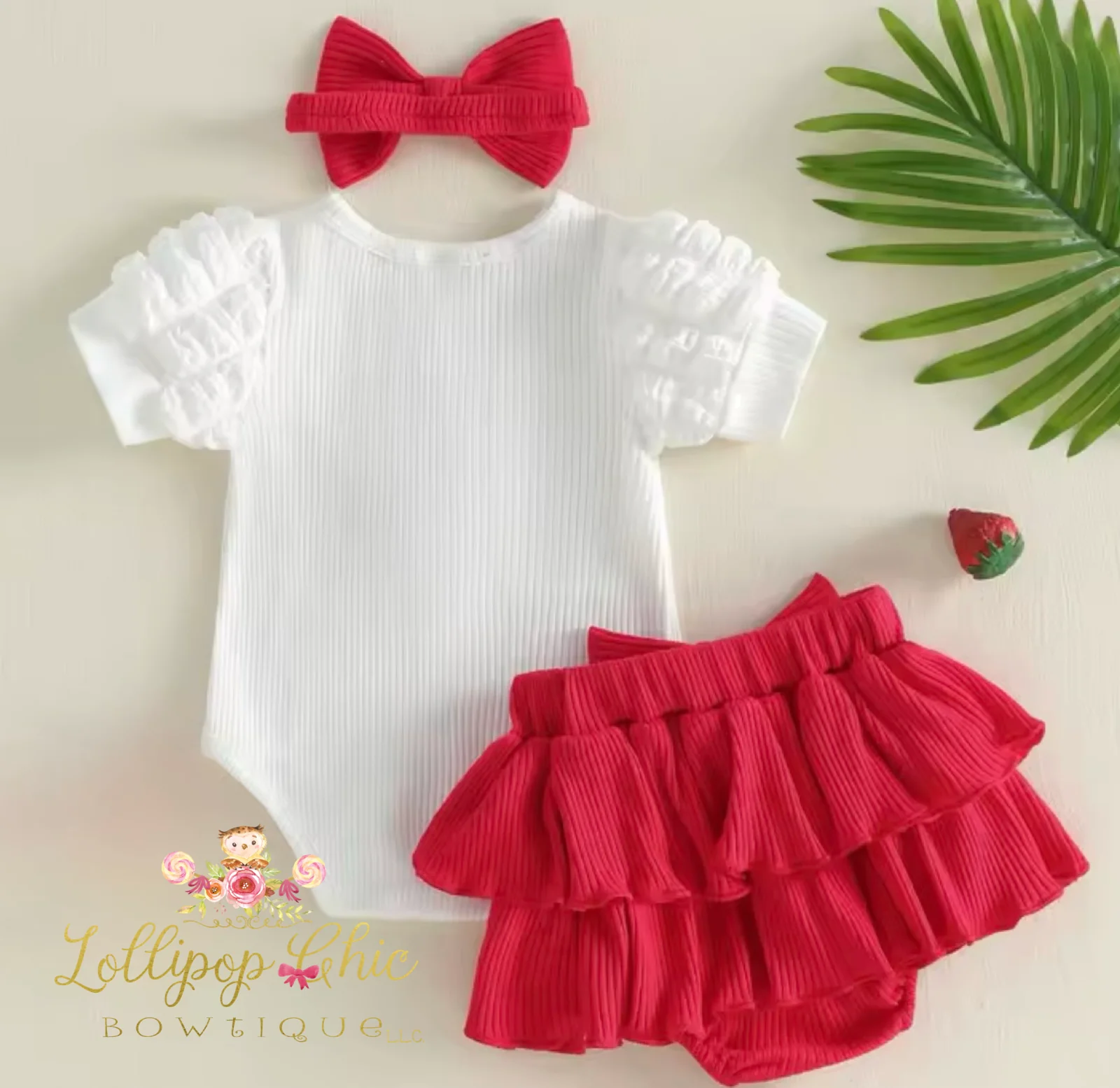 Baby Girl Strawberry Puff Sleeve Bloomer Set: 12-18M - Image 2