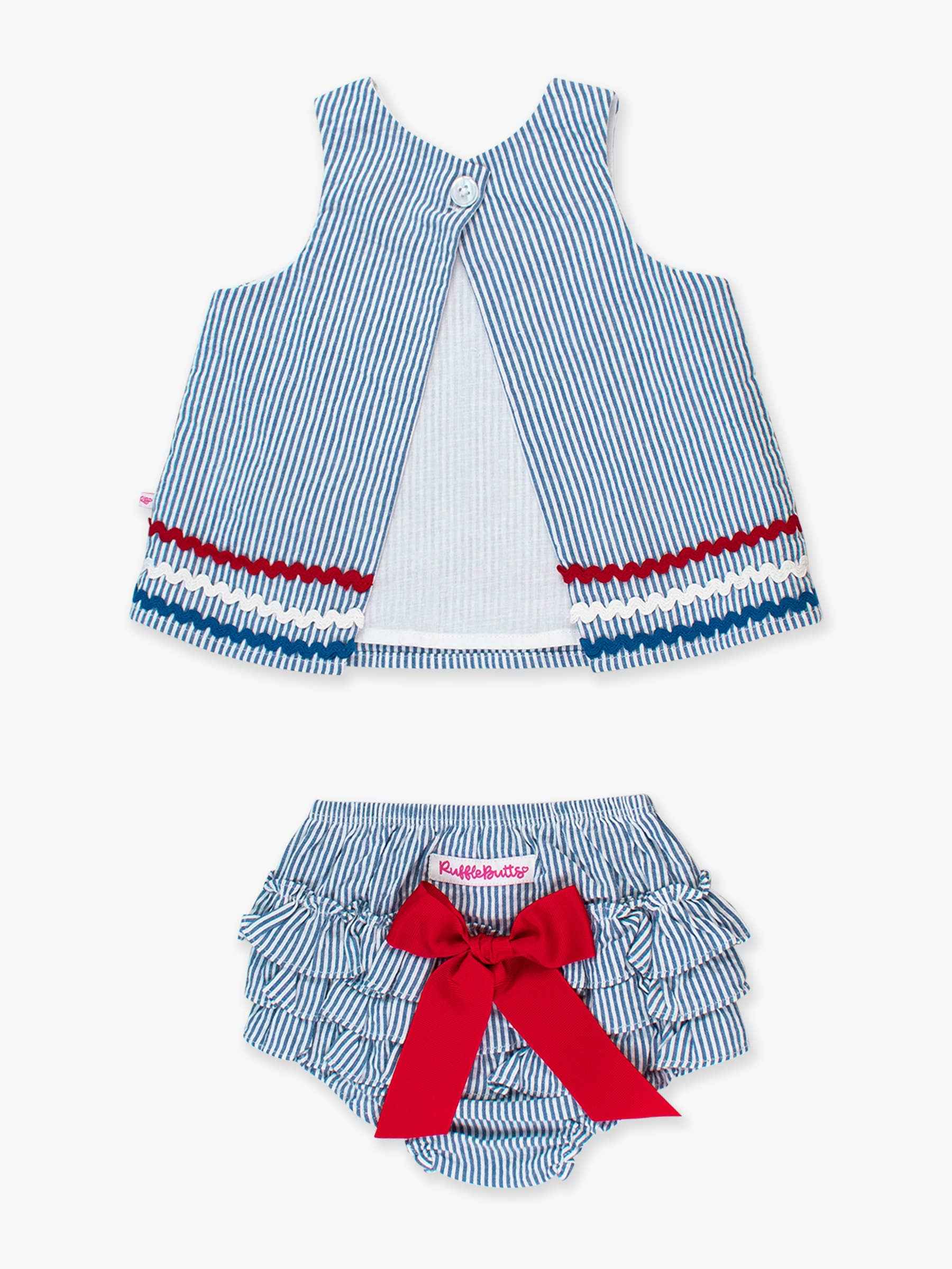 Americana Classic Blue Seersucker Ric Rac Swing Top & Bloomer Set