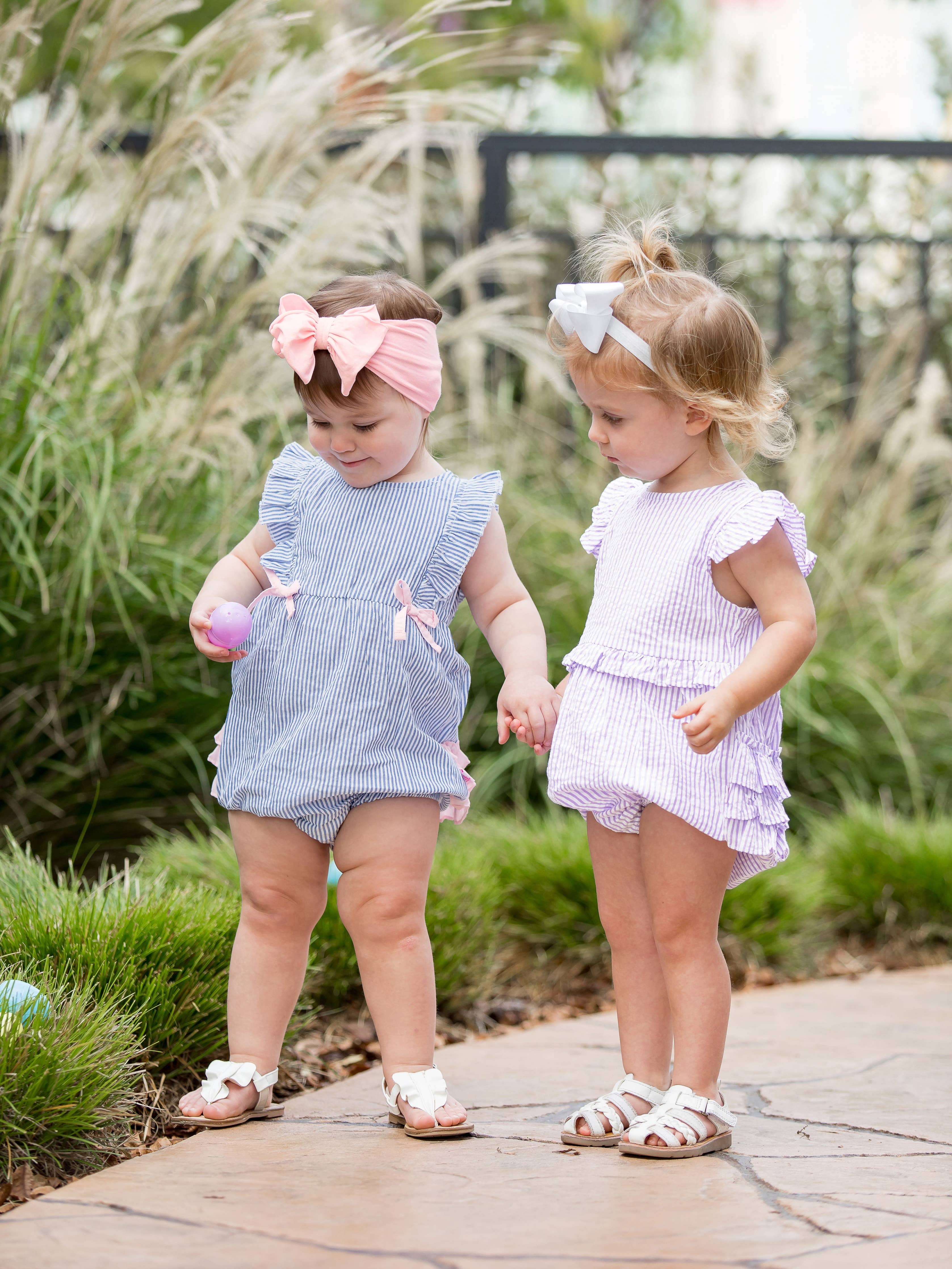 Baby Girls Blue Seersucker Classic Ruffle Bubble Romper: Blue - Image 5