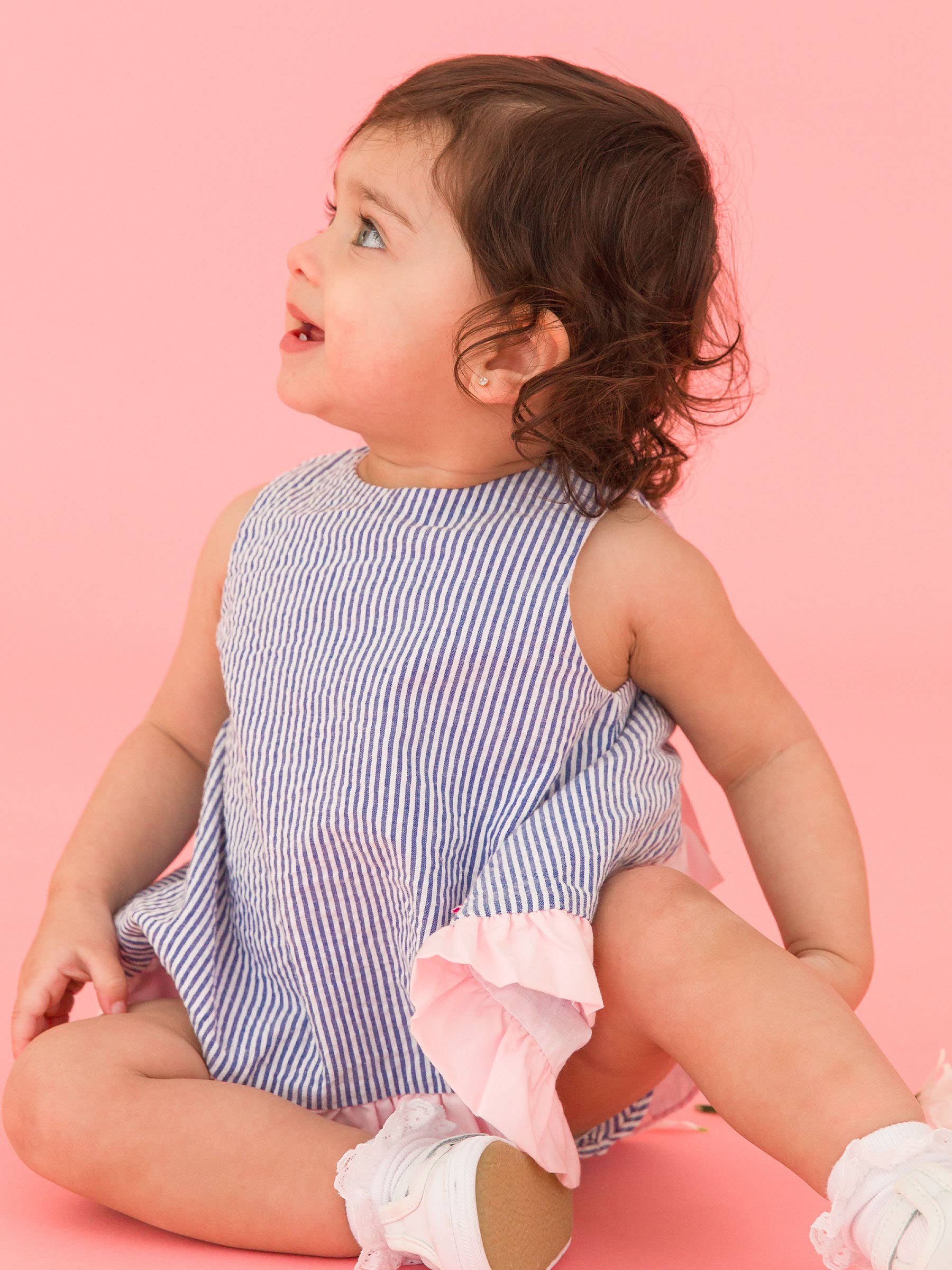 Baby Girls Blue Seersucker Ruffle Swing Top & Bloomer - Image 4