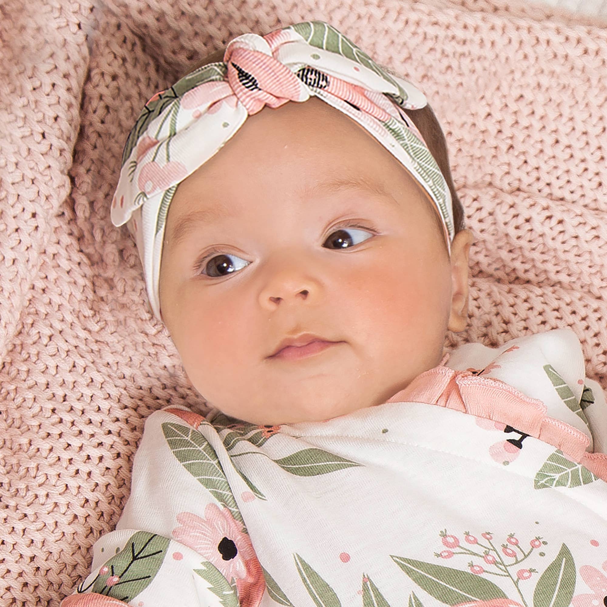 Baby Girl's Jardin Cotton Headband: Soft Coral/Green - Image 2
