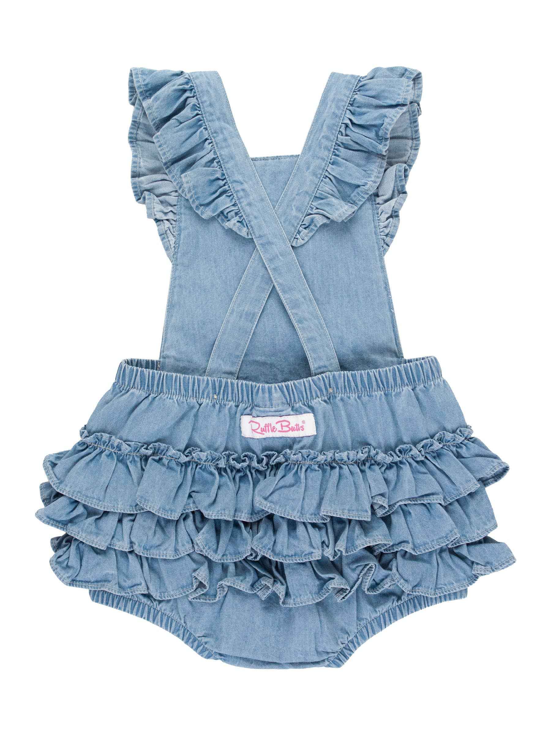 Baby Girls Light Wash Flutter Overall Romper: Blue - Image 2