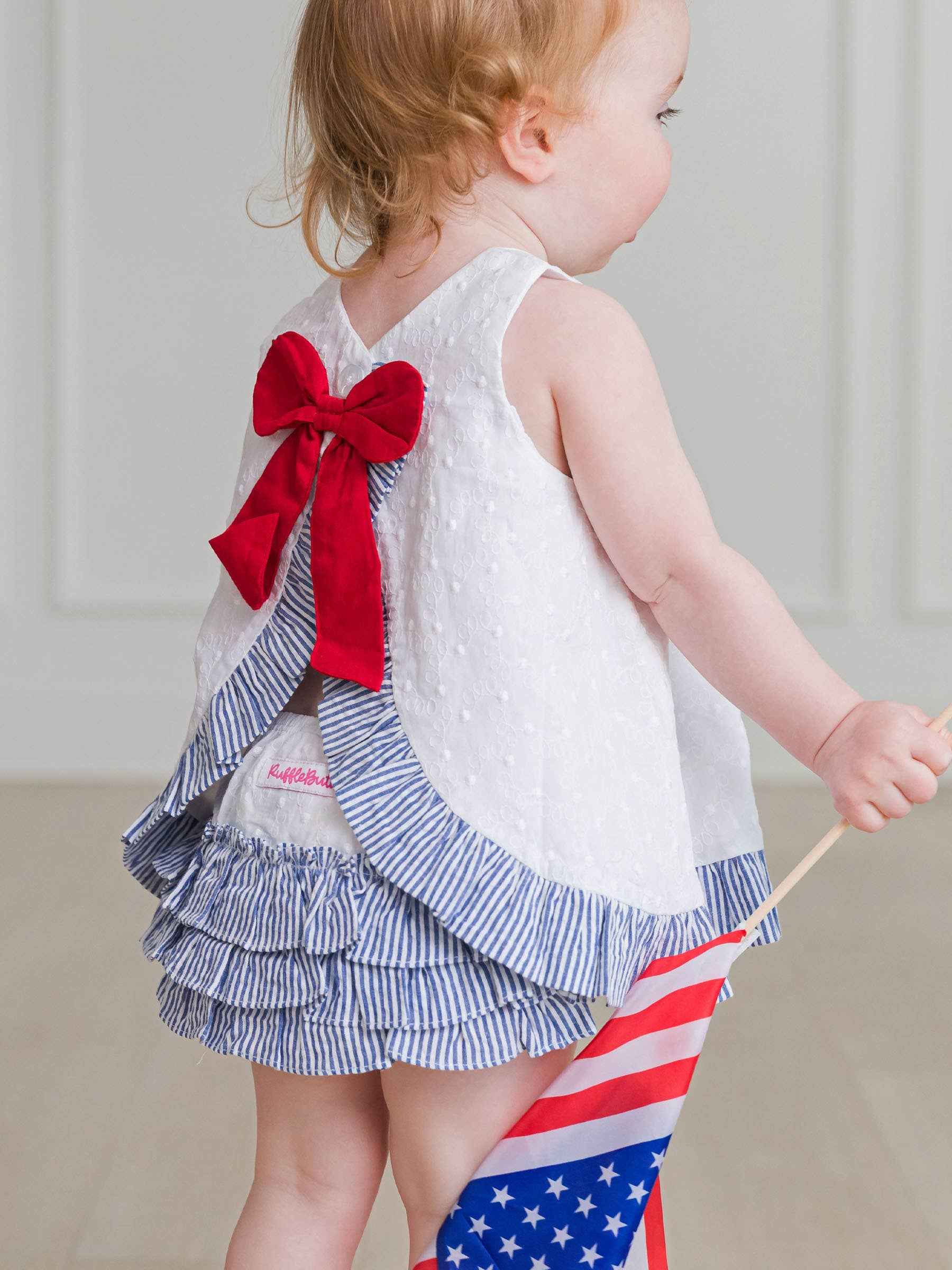 Baby Girls White & Classic Blue Seersucker Top & Bloomer Set