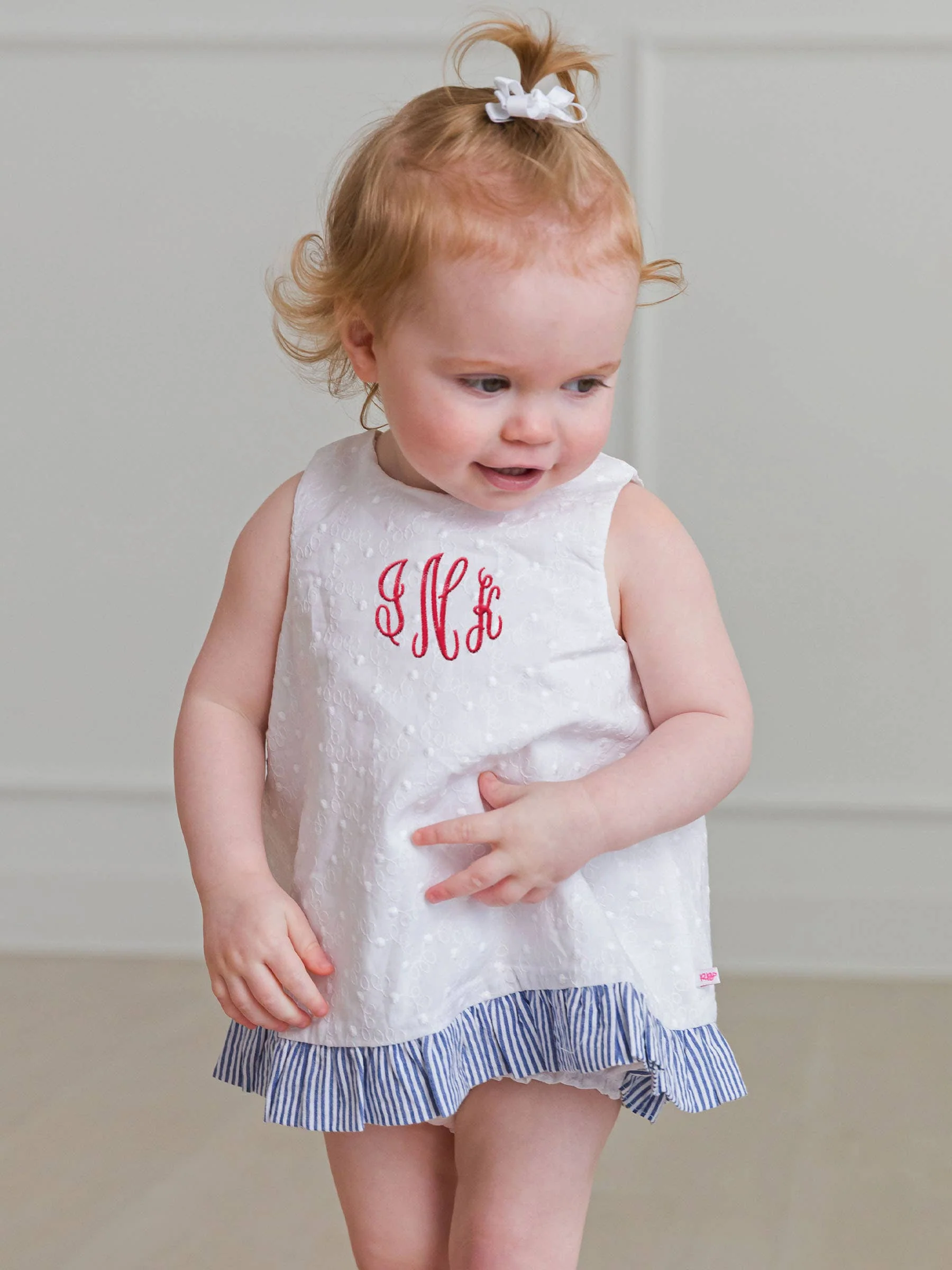 Baby Girls White & Classic Blue Seersucker Top & Bloomer Set - Image 12